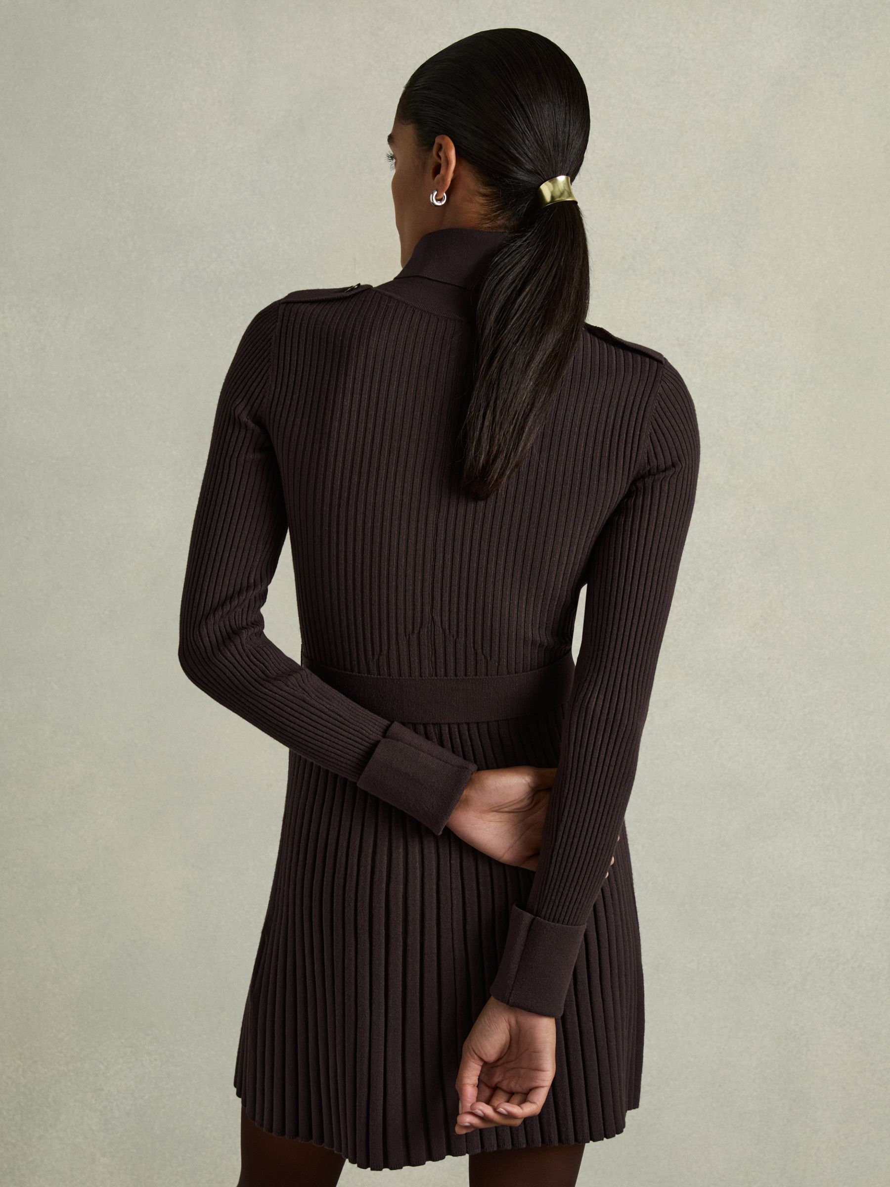 Roll-Neck Ribbed Mini Dress in Brown