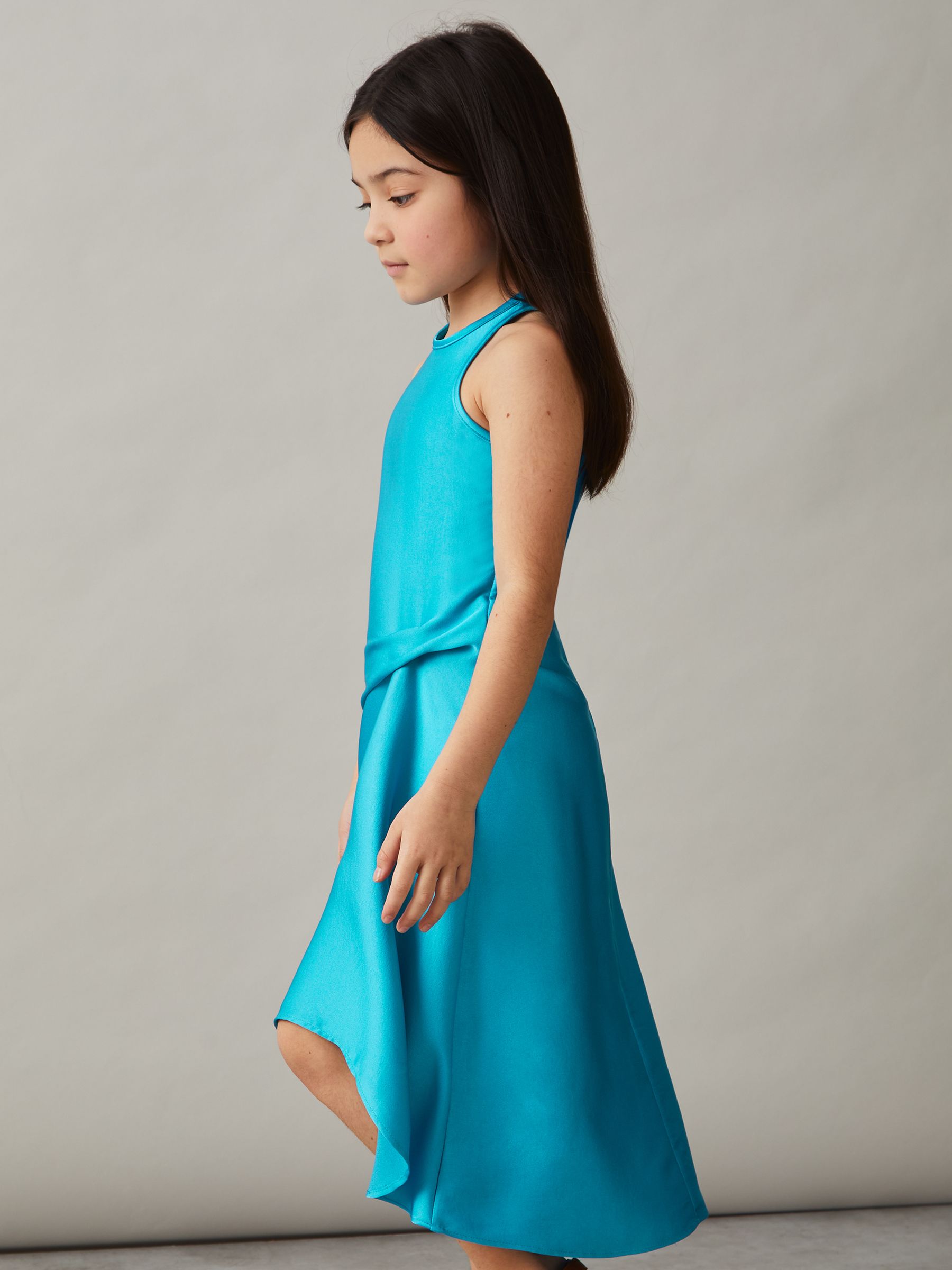 9-13 yrs Satin Drape Tuck Midi Dress in Blue