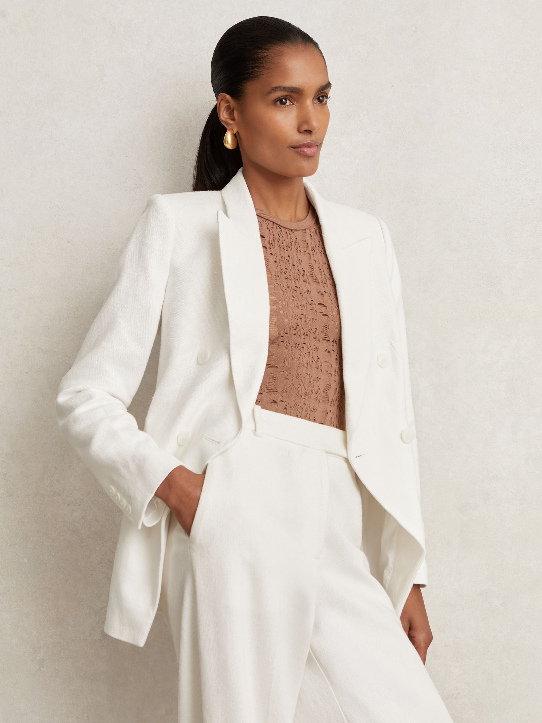 Linen-Blend Double-Breasted Suit Jacket in White