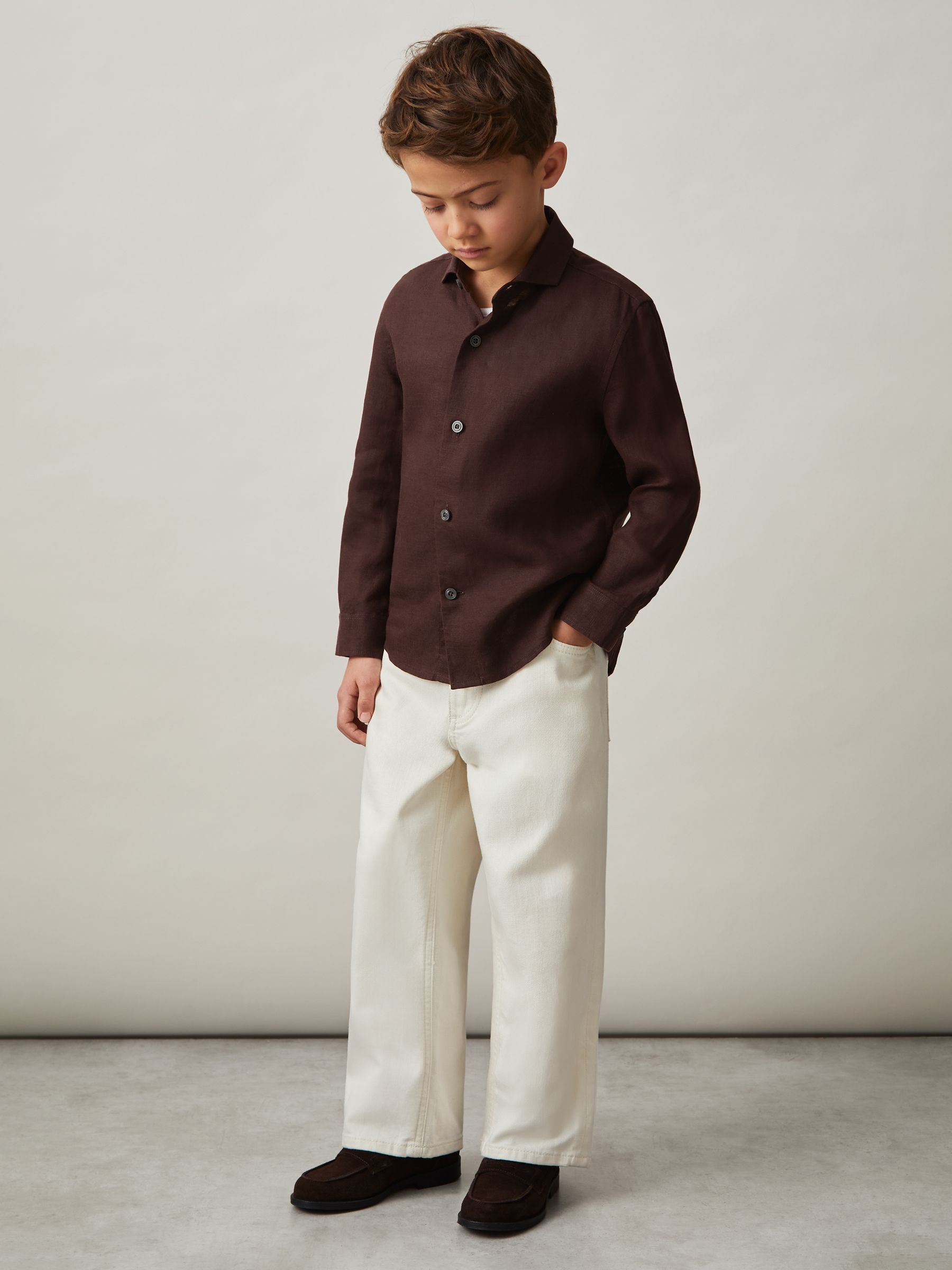 9-13 yrs Linen Cutaway Collar Shirt in Dark Brown