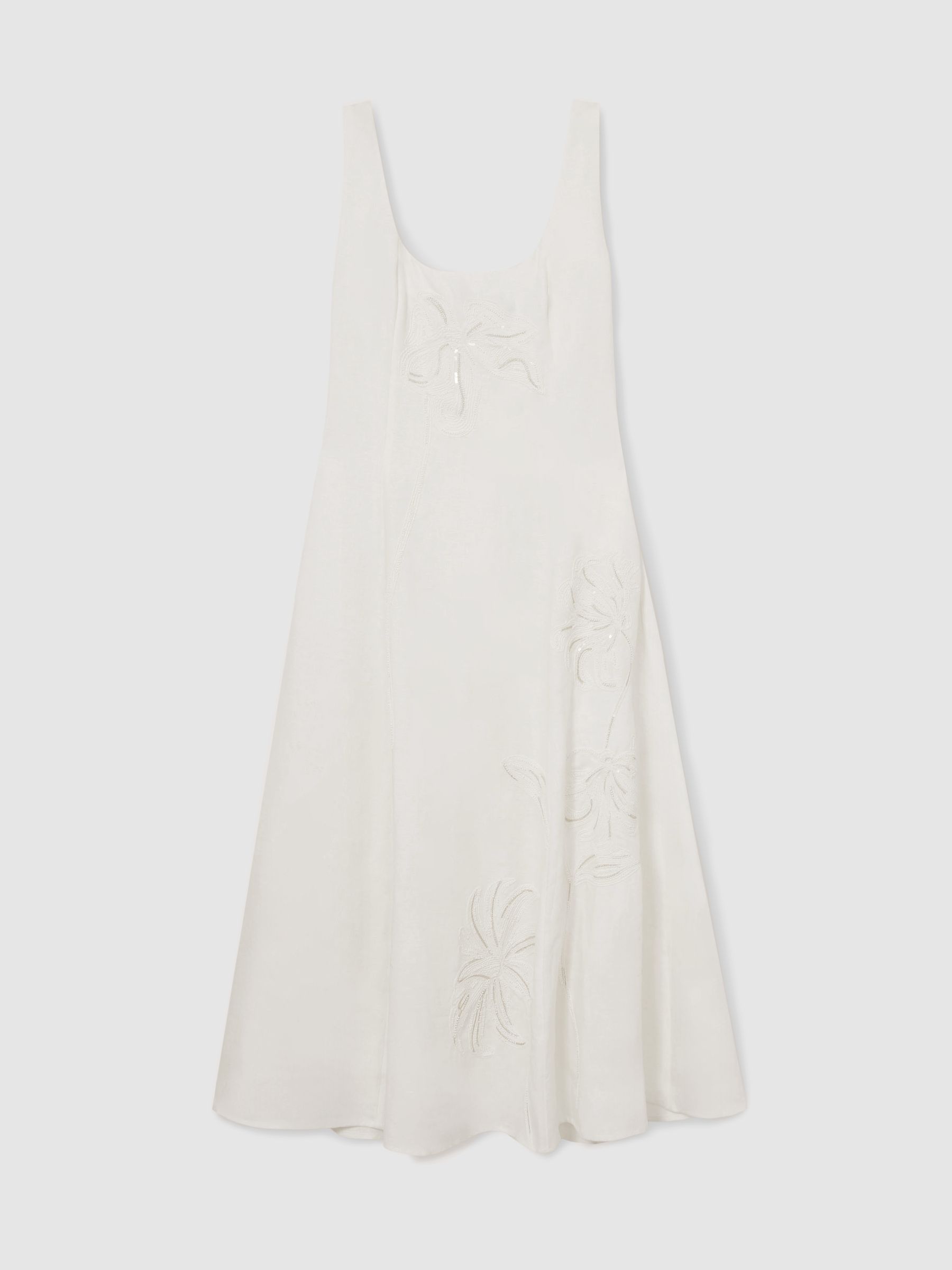 Linen Floral-Embroidered Midi Dress in Ivory