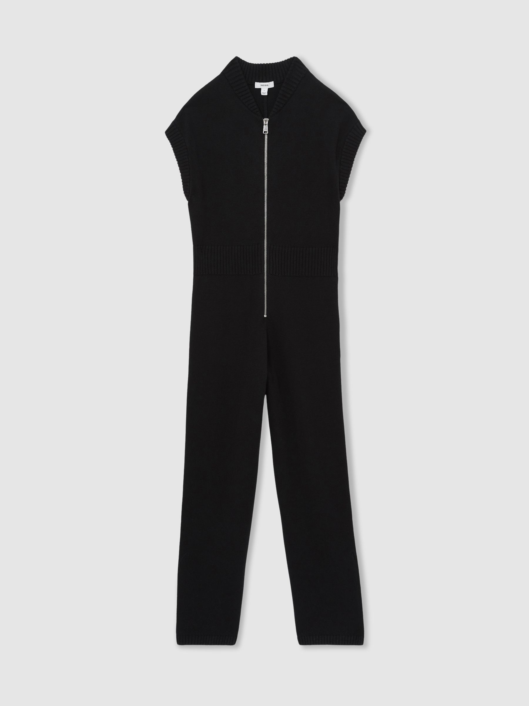 Cotton Knit Zip-Front Jumpsuit in Black