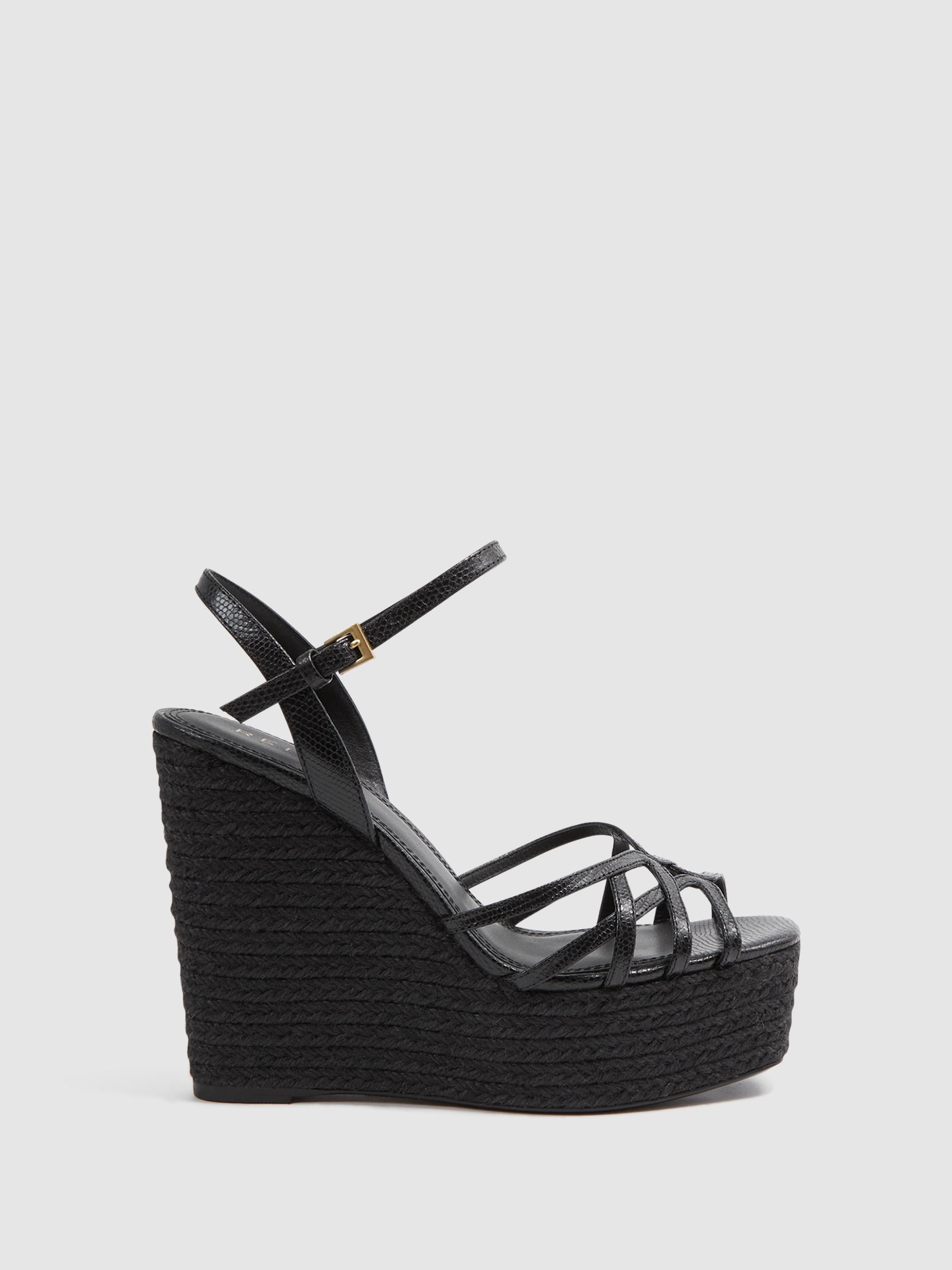 Leather Raffia Platform Wedge Heels in Black