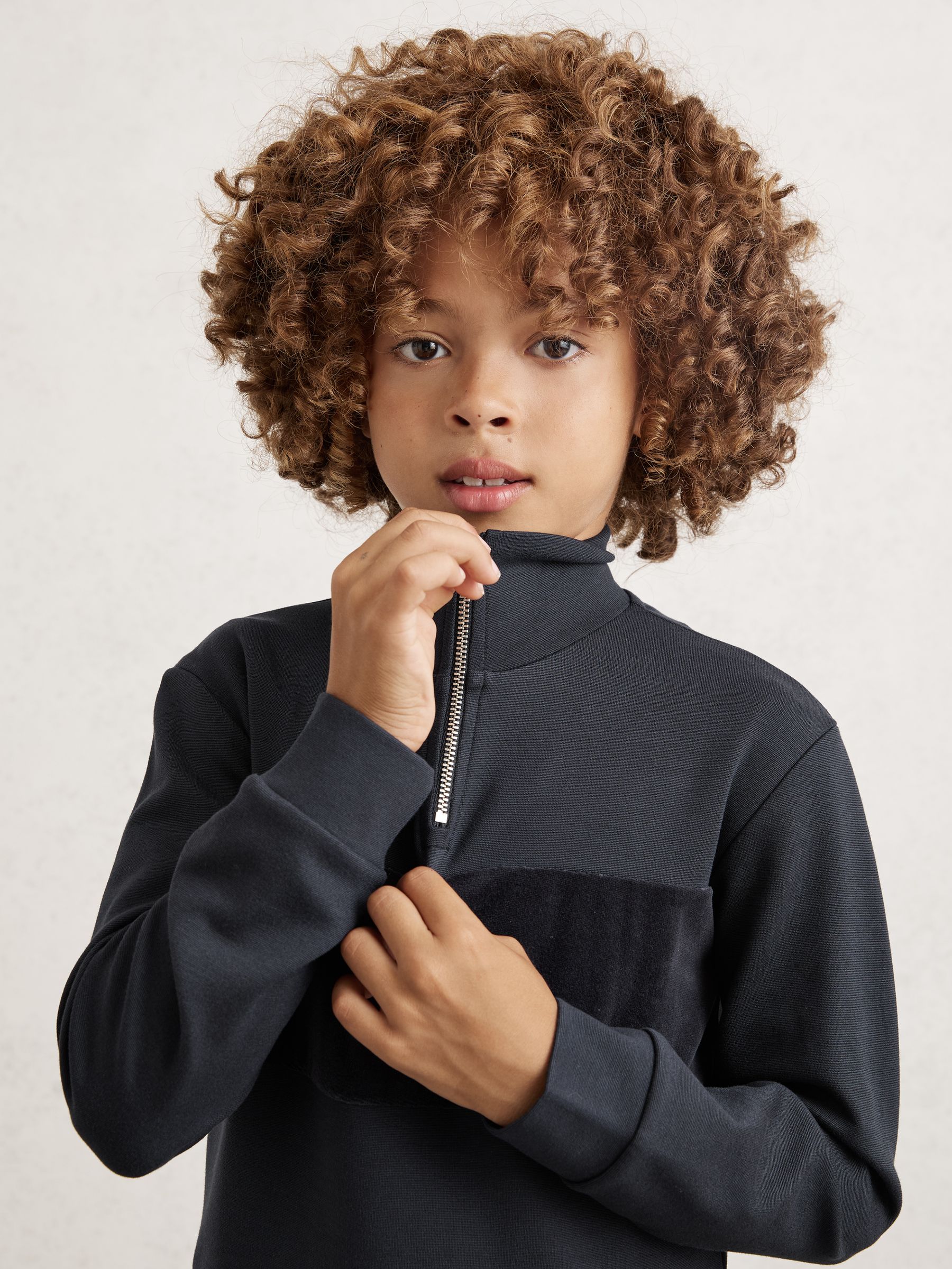 9-13 yrs Slim Fit Half-Zip Funnel Neck Velour Sweatshirt in Navy Blue