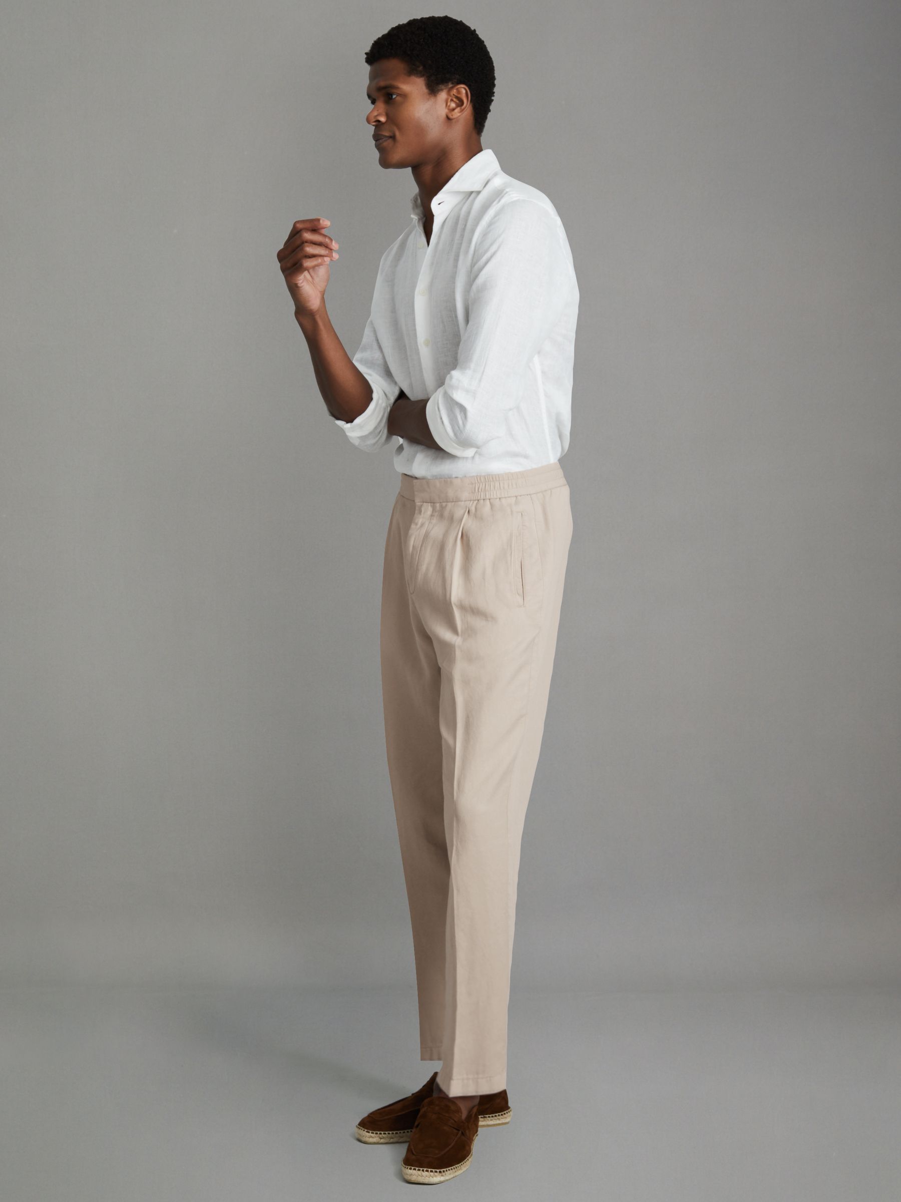 Relaxed Cotton/Linen Blend Elasticated Waist Trousers in Stone