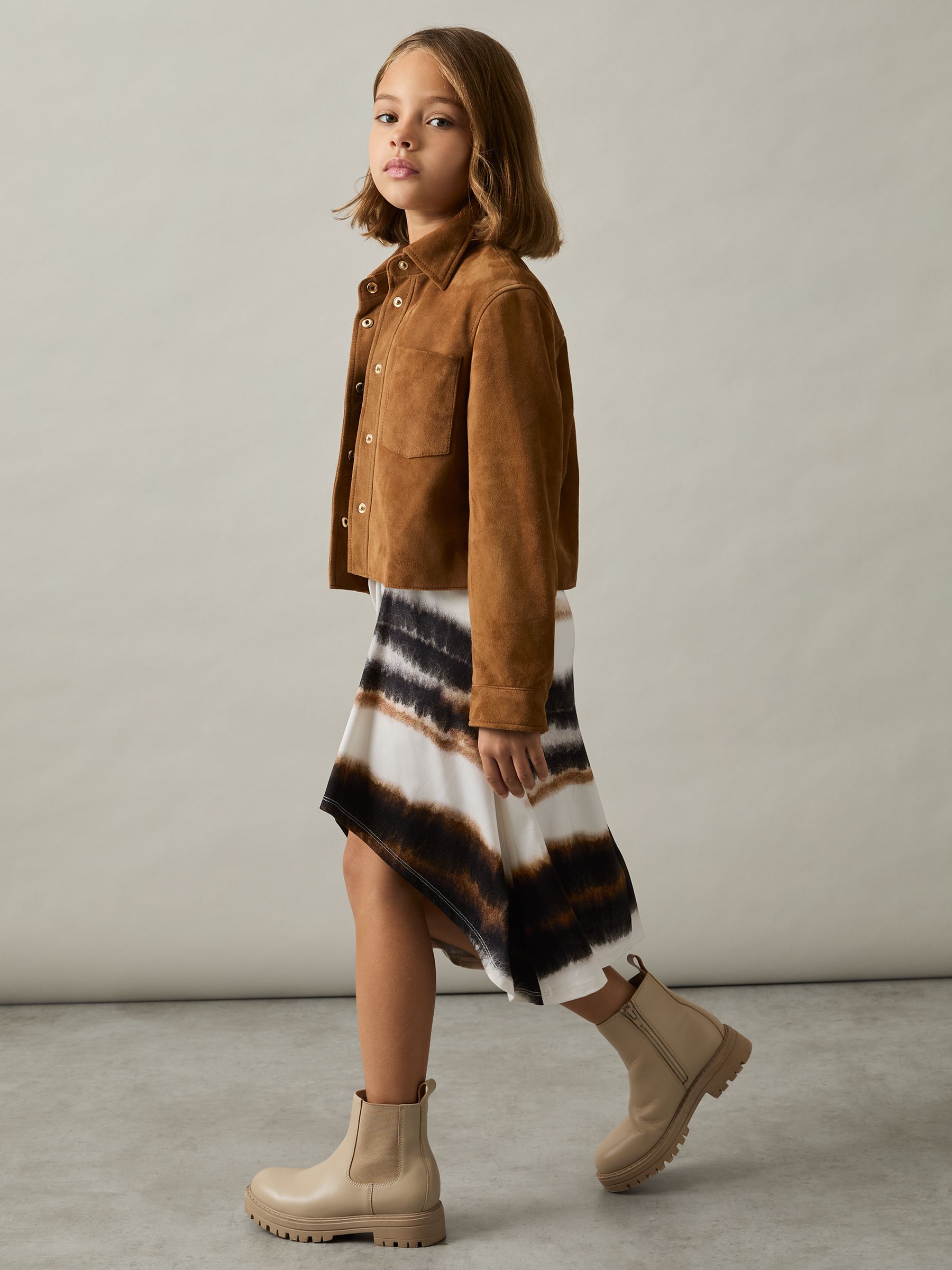 13-14 yrs Printed Jersey Ruched Midi Dress in Ivory Print