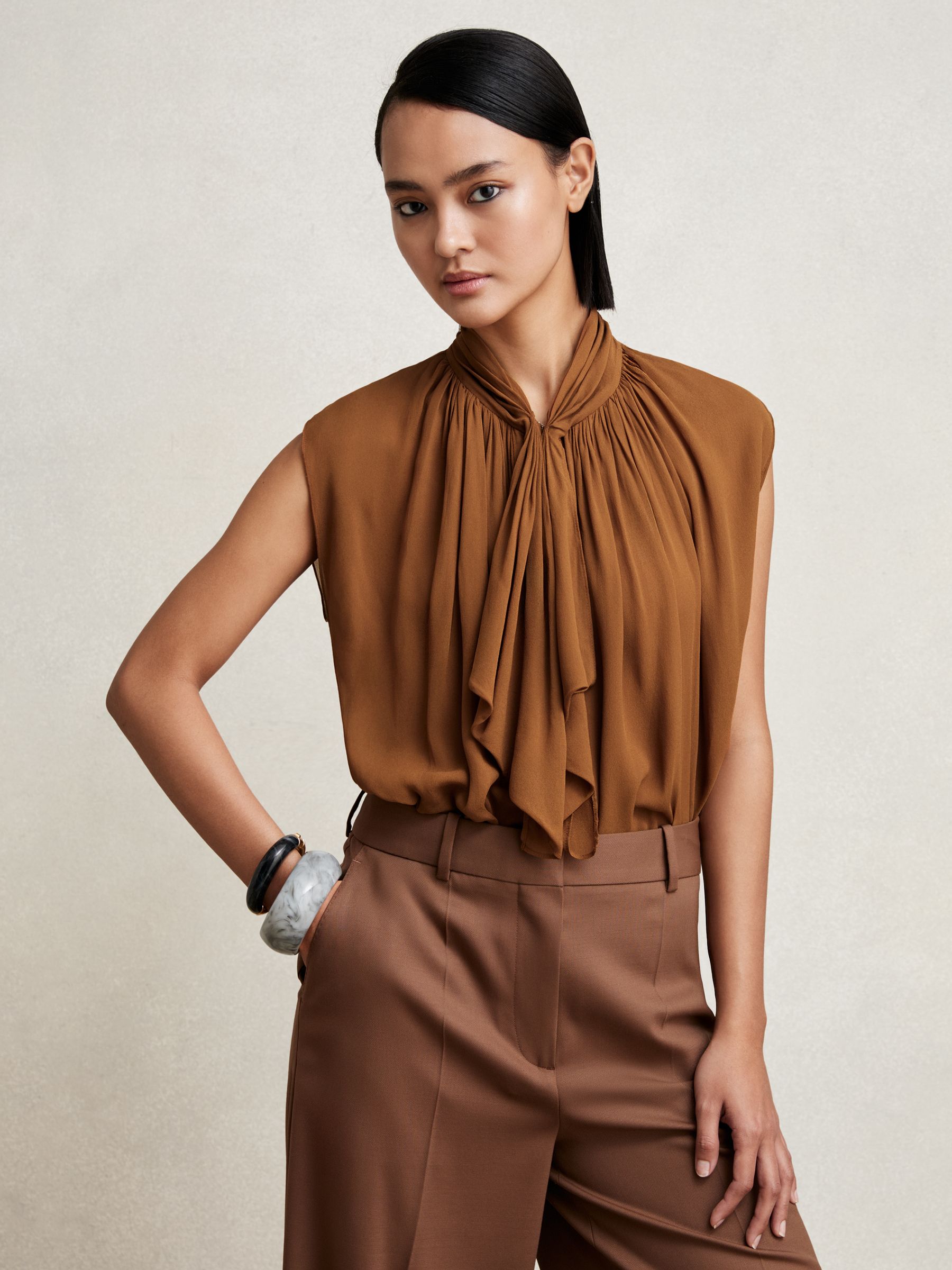Crepe-Chiffon Ruffle Sleeveless Top in Tan Brown