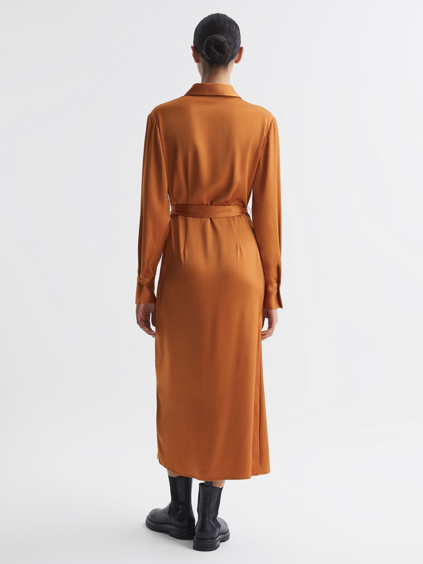 Satin Shirt-Style Midi Dress in Rust