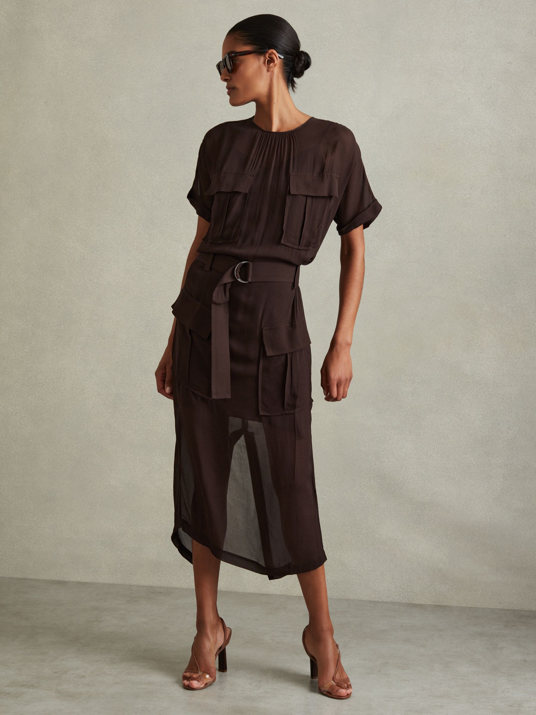 Essie Chocolate Mesh Utility Belted Midi Dress