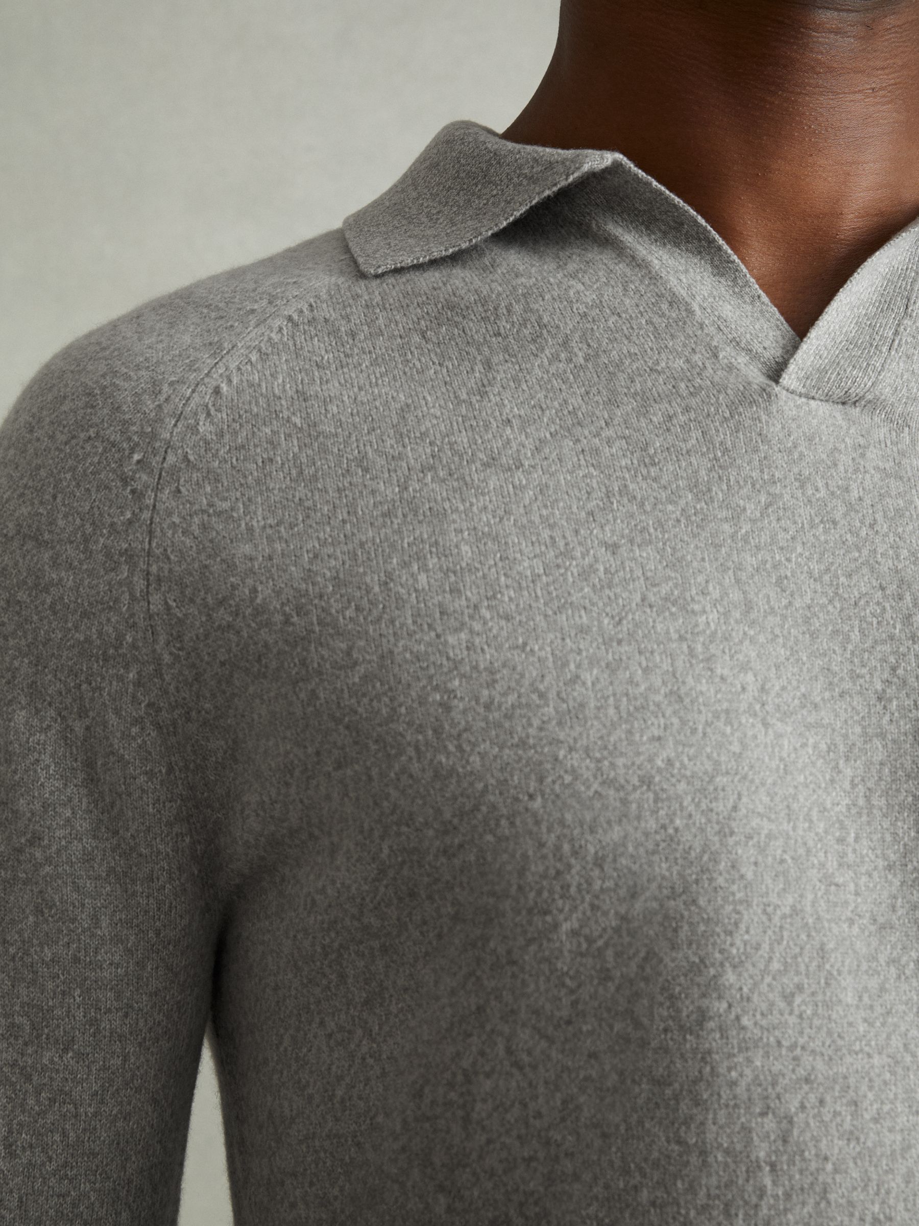Wool-Cashmere Open-Collar Polo Shirt in Soft Grey Melange
