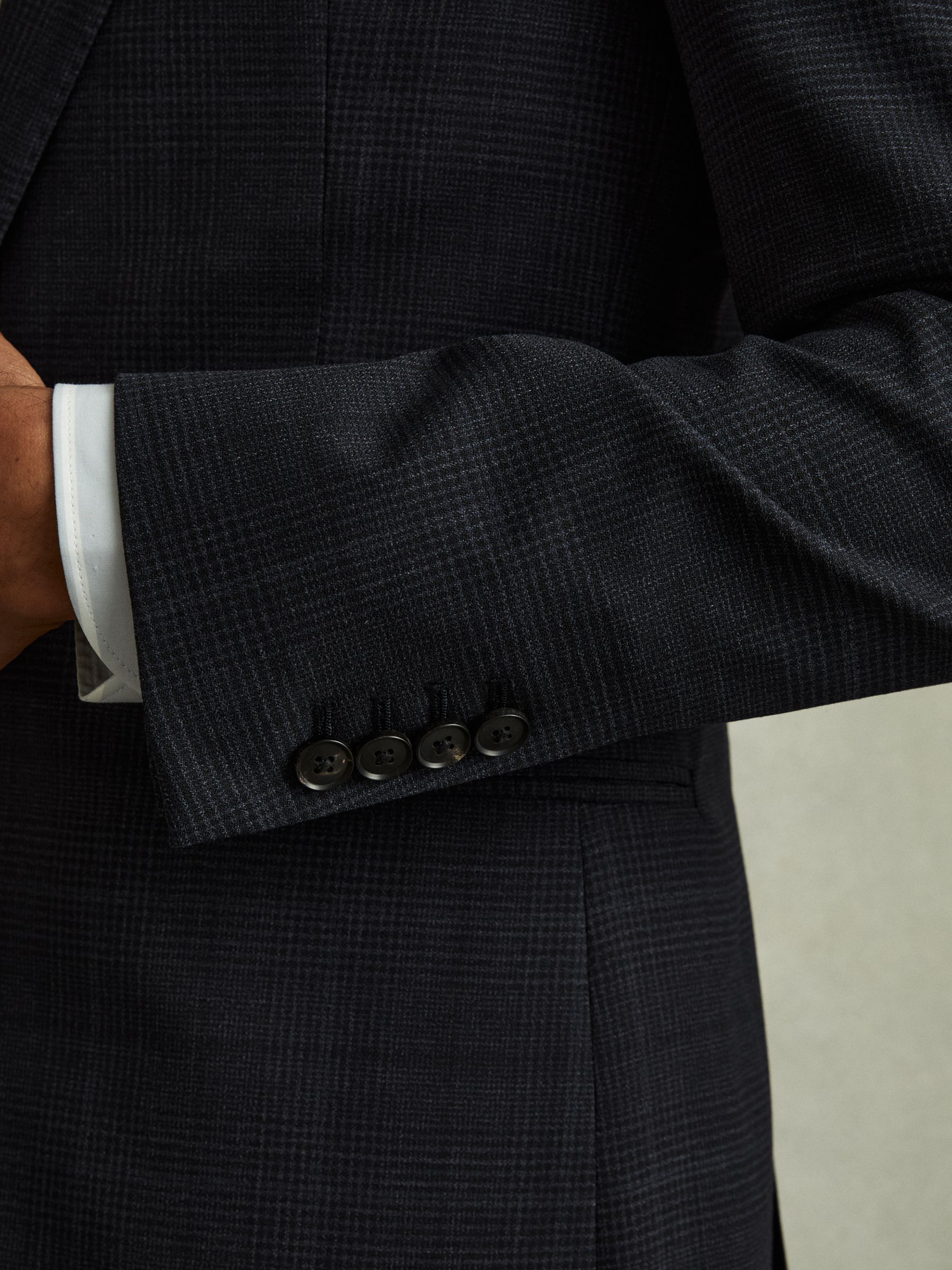 Single-Breasted Wool Blend Blazer in Prince of Wales Check in Navy