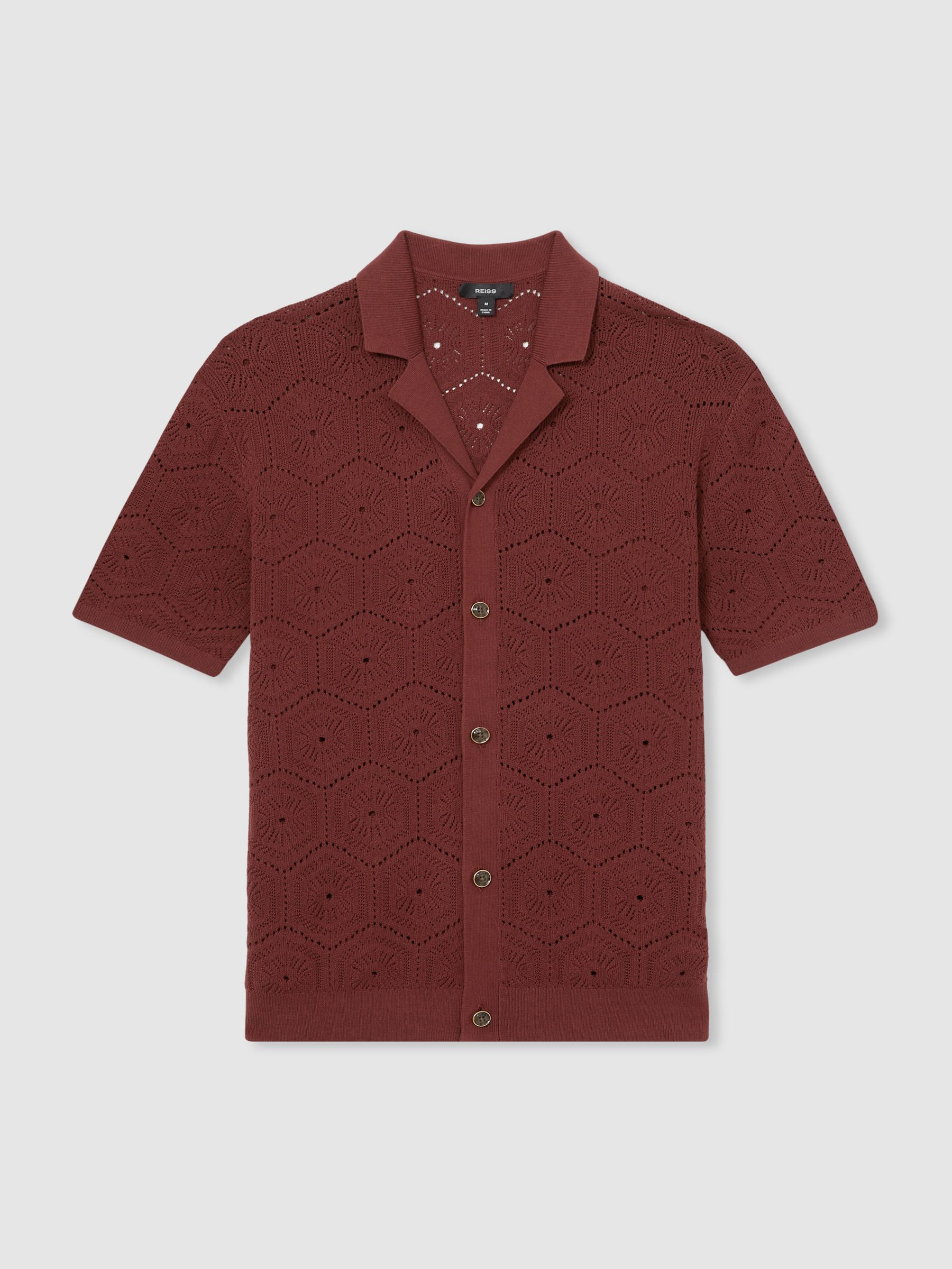 Pointelle Button-Through Shirt in Brick Red