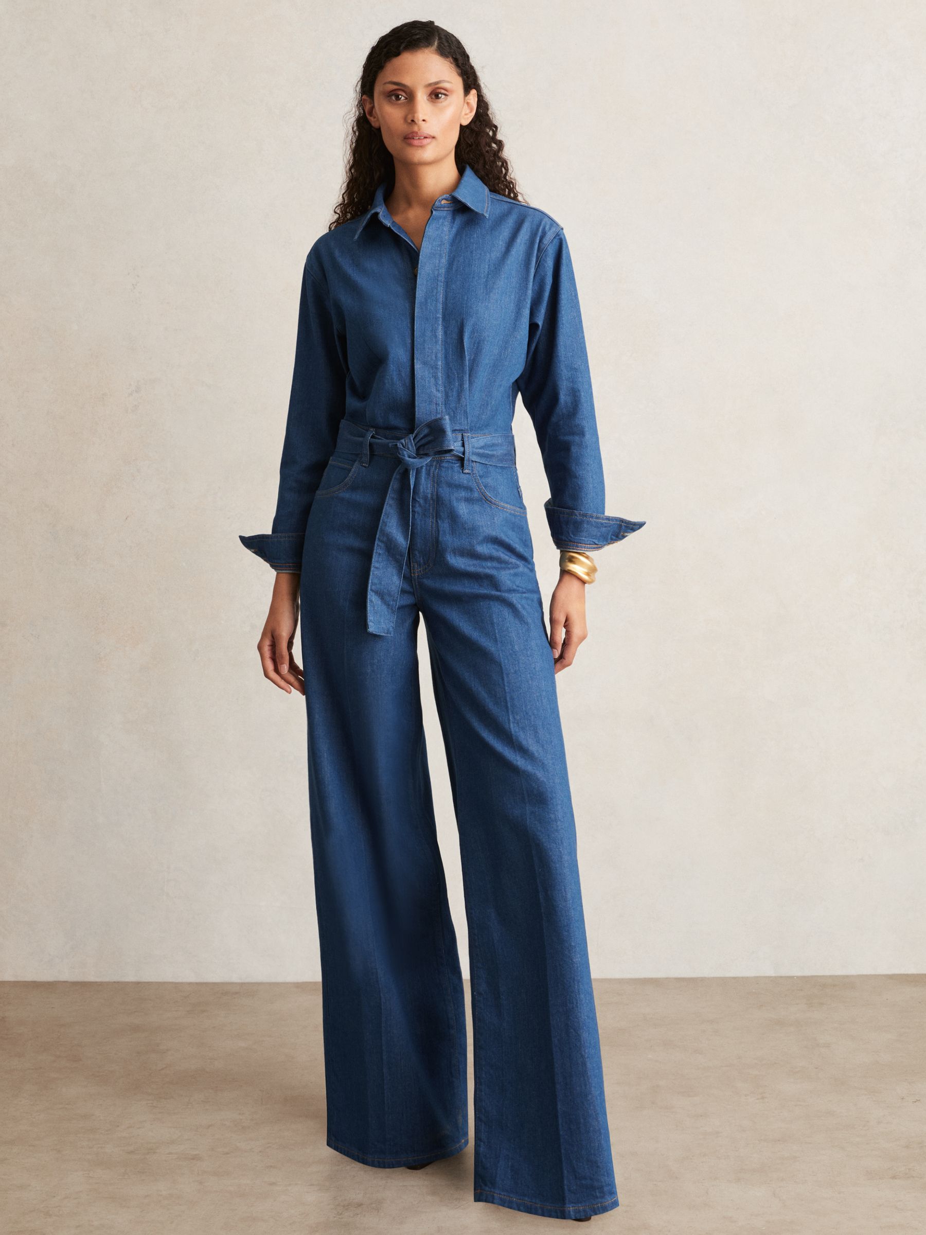 Paige Maraya Blue Wide Leg Belted Denim Jumpsuit in Maraya Blue