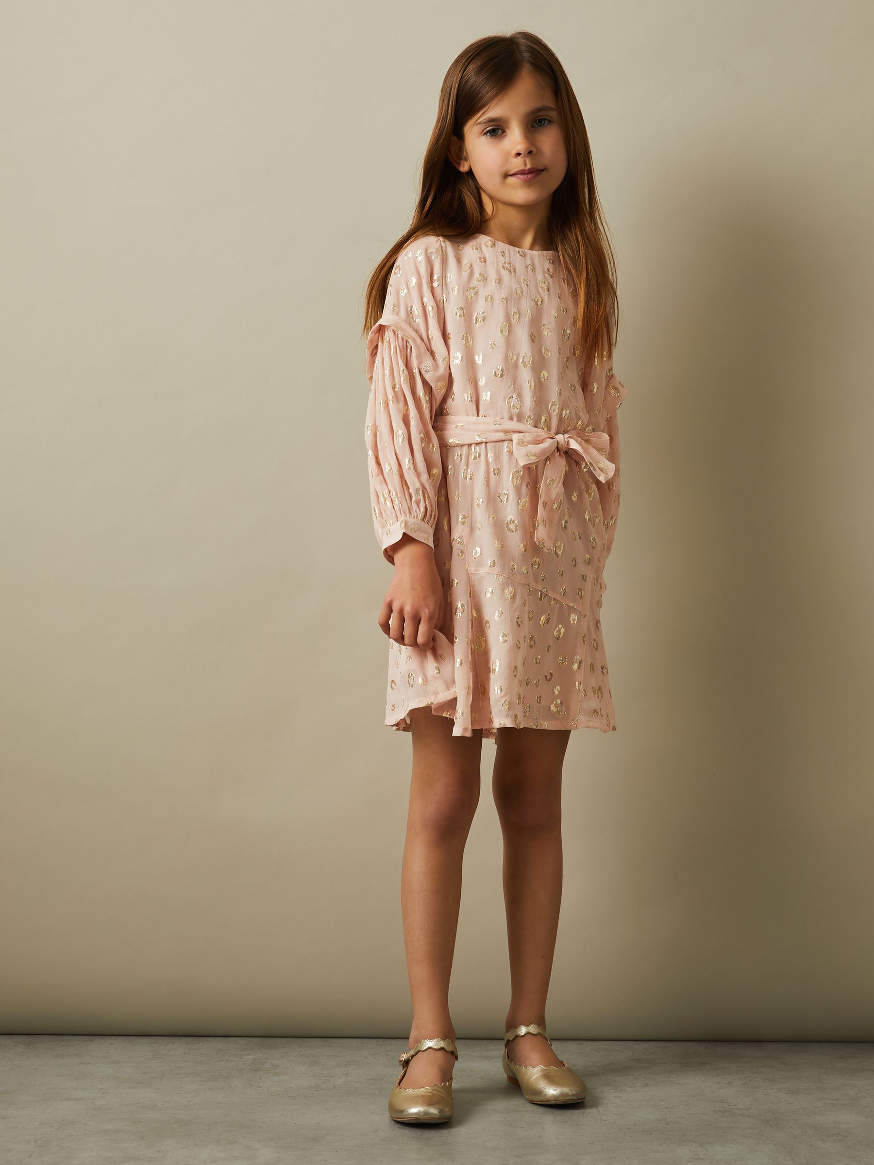 9-13 yrs Metallic Jacquard Print Puff Sleeve Dress in Pink