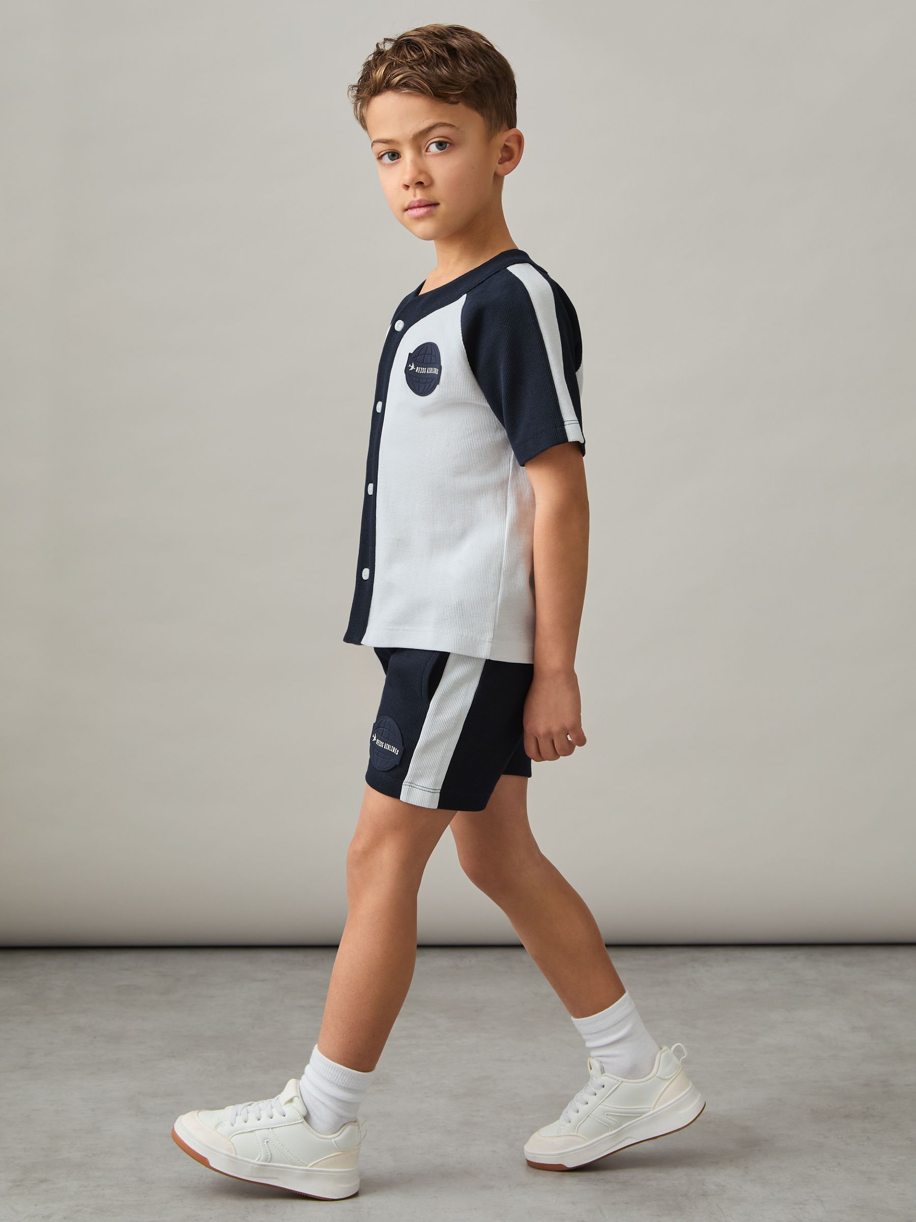 3-9 yrs Cotton Waffle-Knit Badge Shorts in Off White/Navy