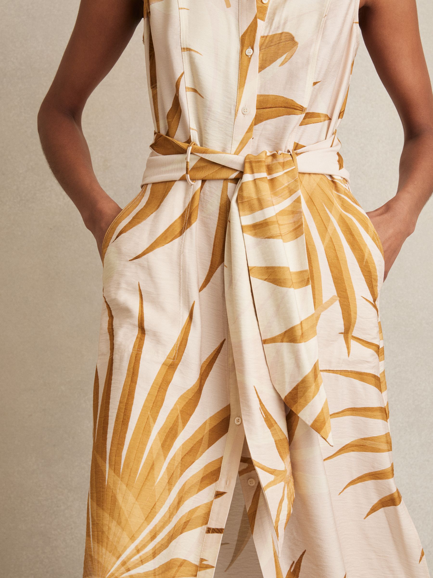 Palm-Print Sleeveless Shirt Dress in Neutral