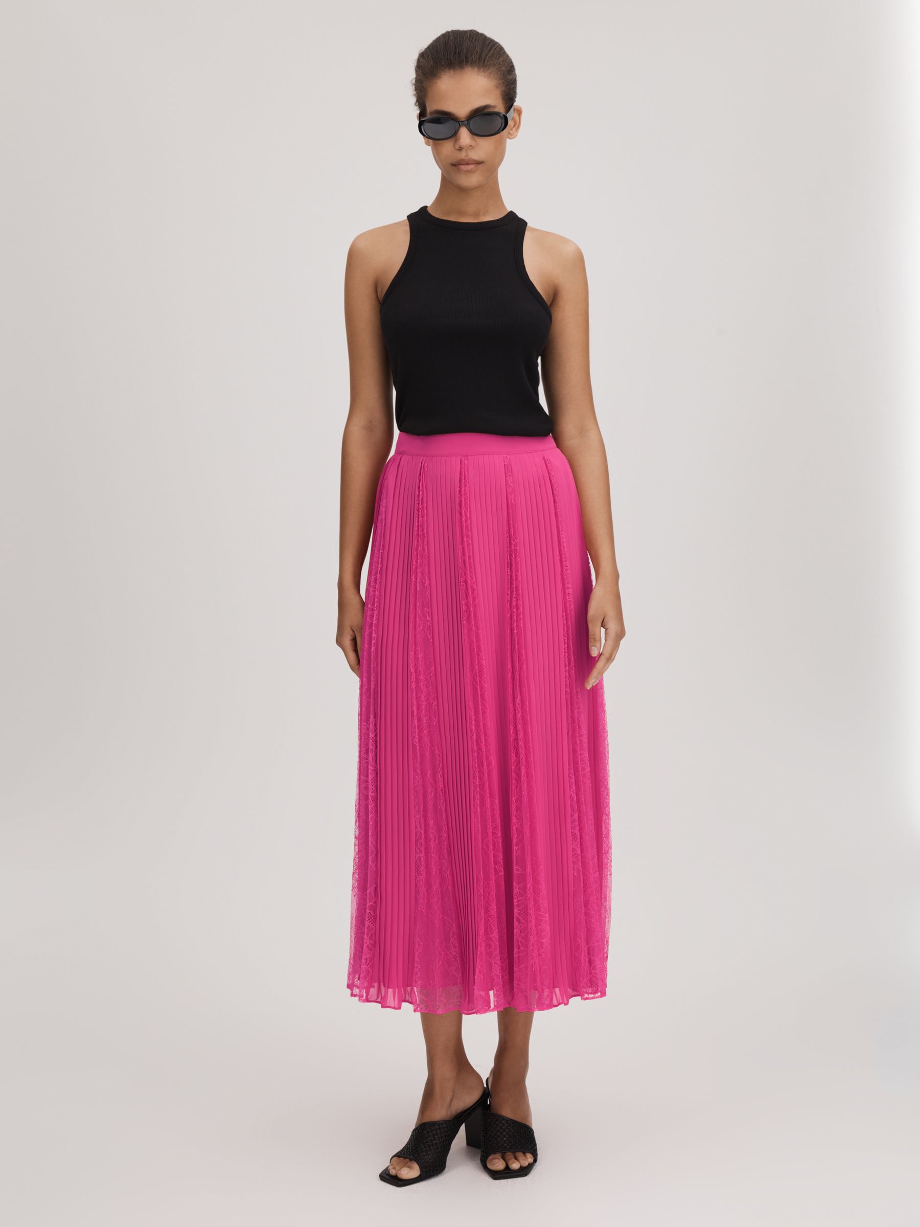 Florere Lace Pleated Midi Skirt in Bright Pink
