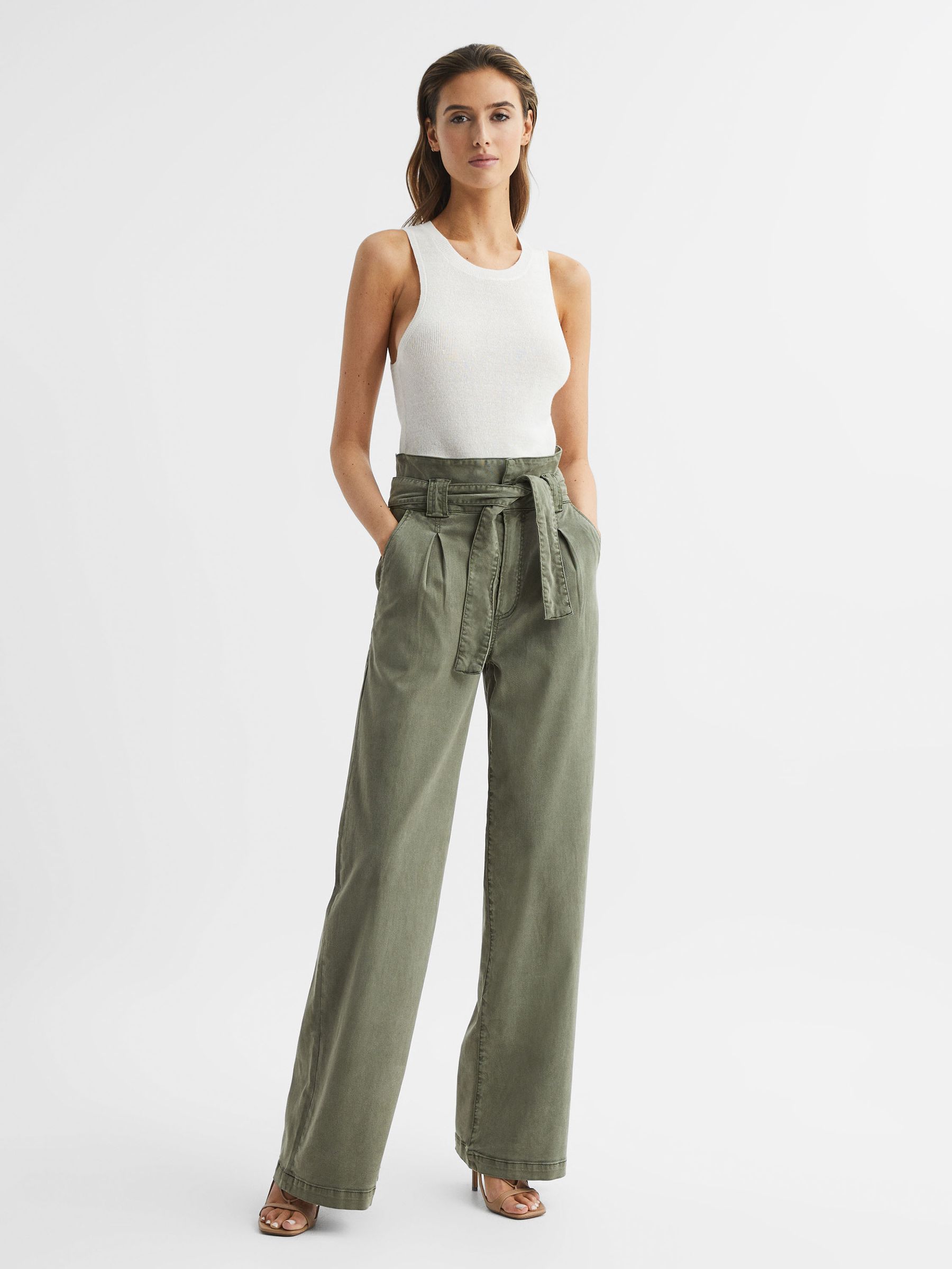 Paige High Rise Paper Bag Trousers in Vintage Ivy Green