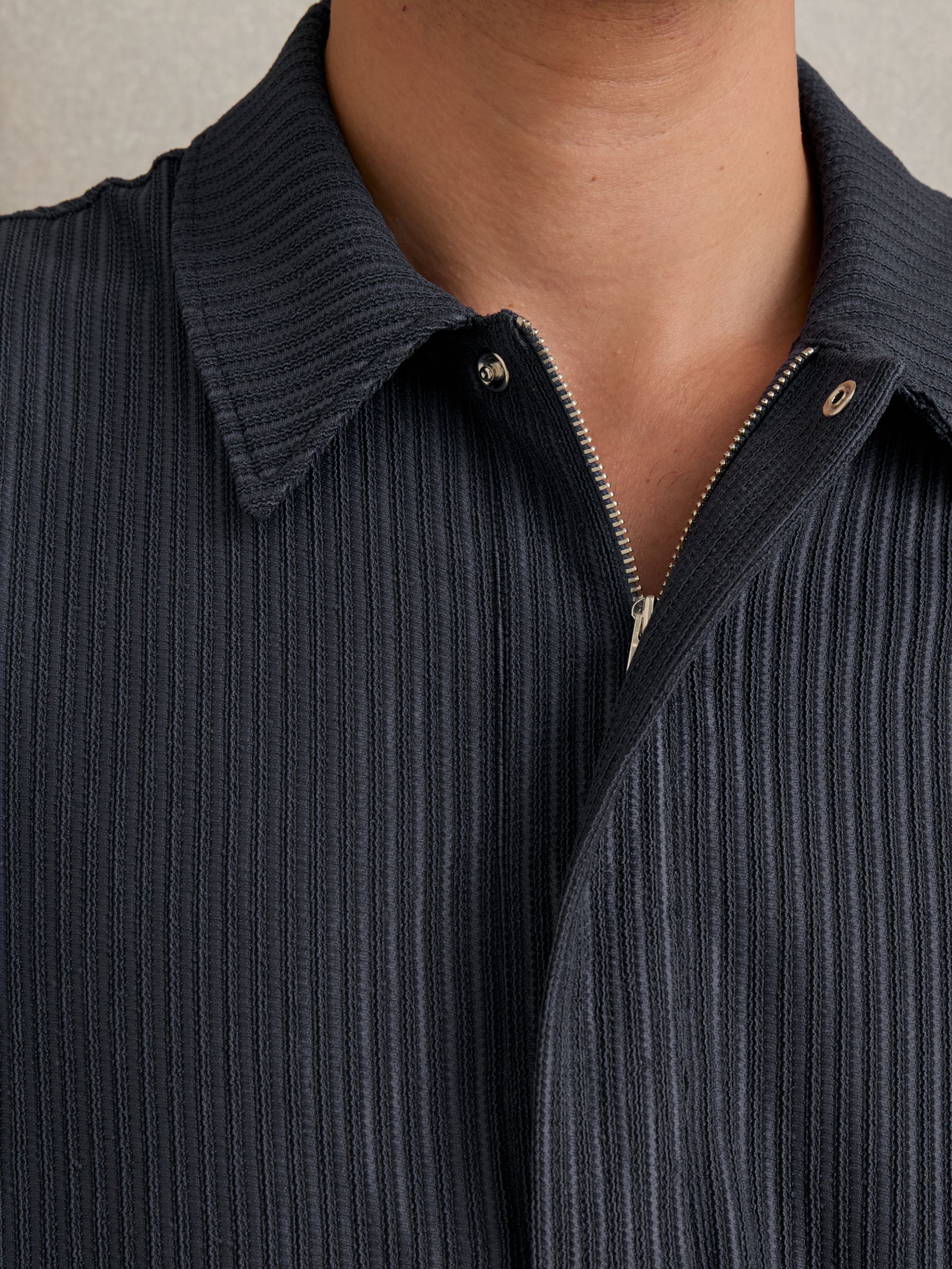 Oversized Textured Stripe Polo Shirt in Petrol Blue