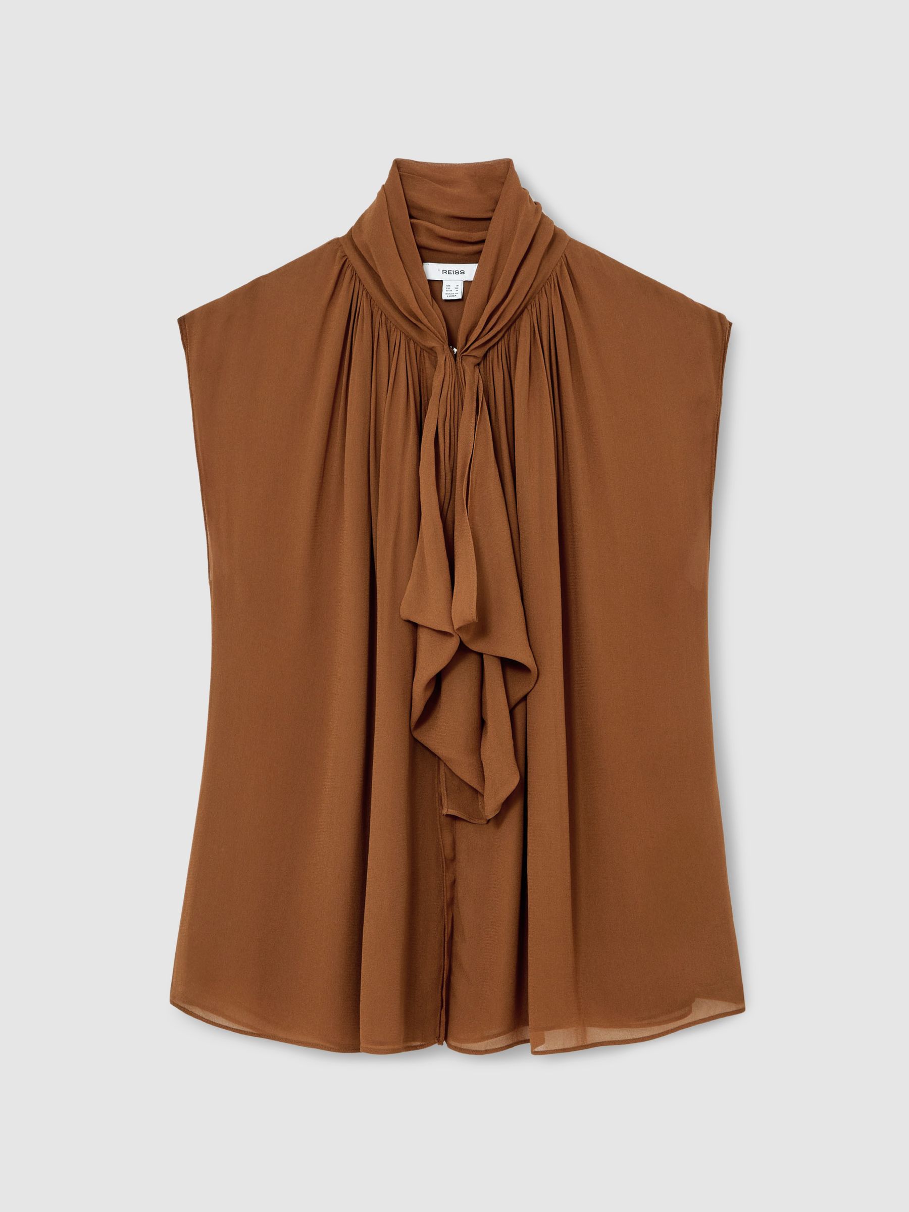 Crepe-Chiffon Ruffle Sleeveless Top in Tan Brown