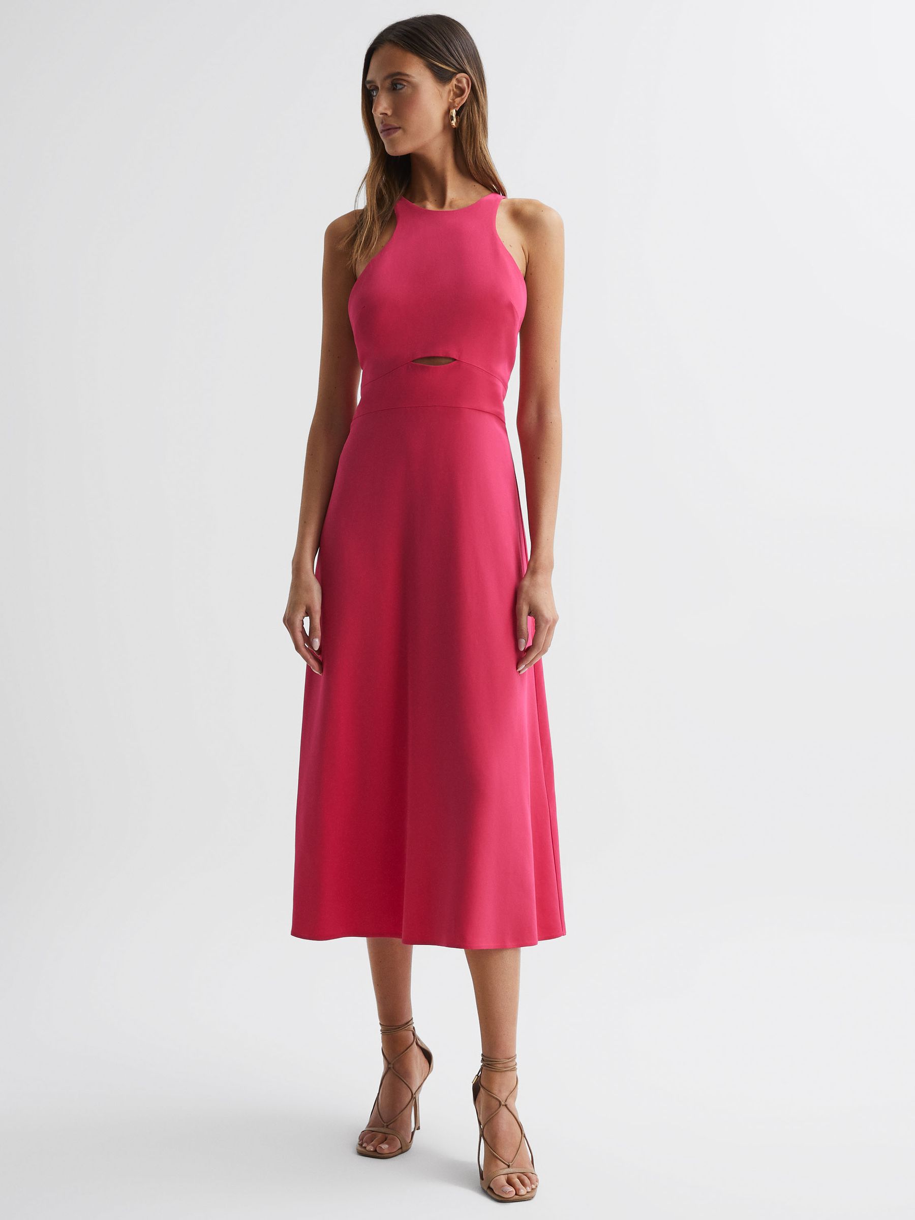 Halter Neck Cut Out Midi Dress in Pink