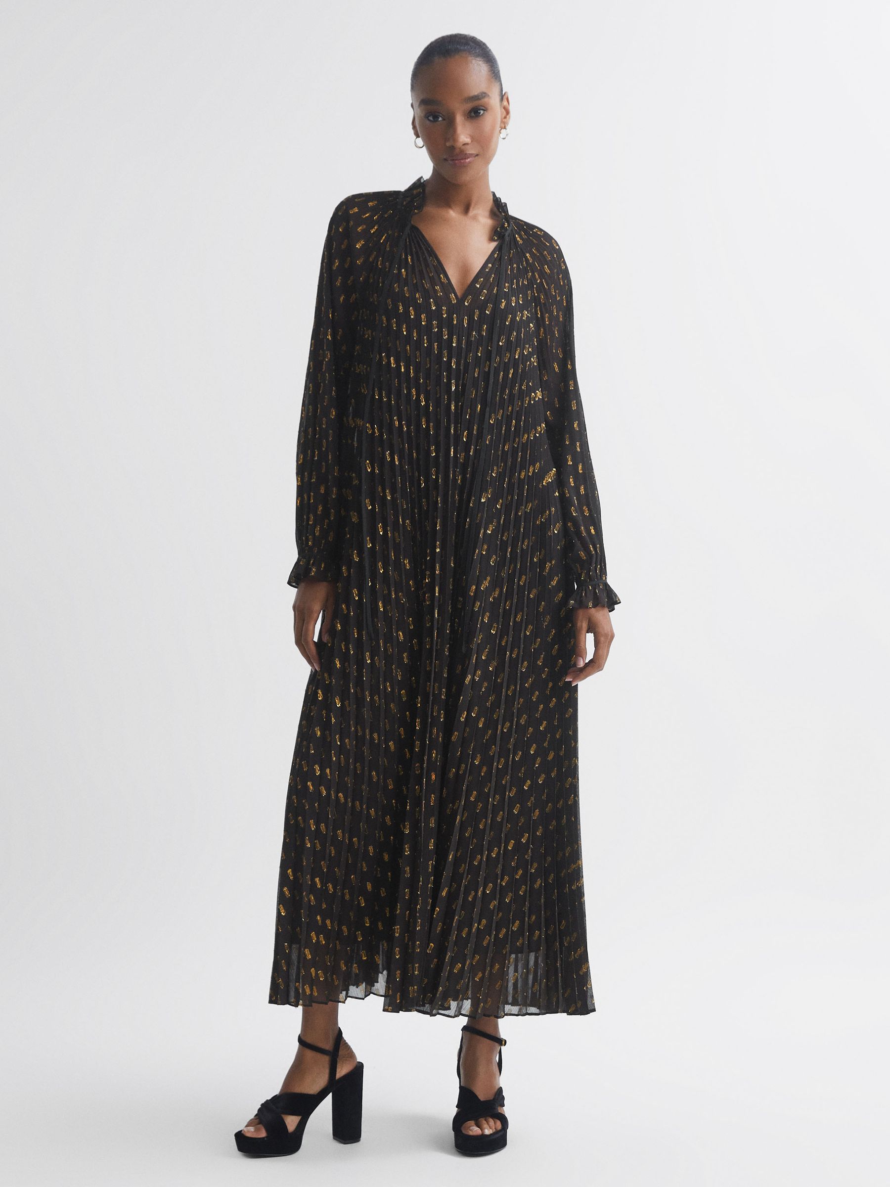 Florere Sheer Metallic Long Sleeve Brown Midi Dress in Brown