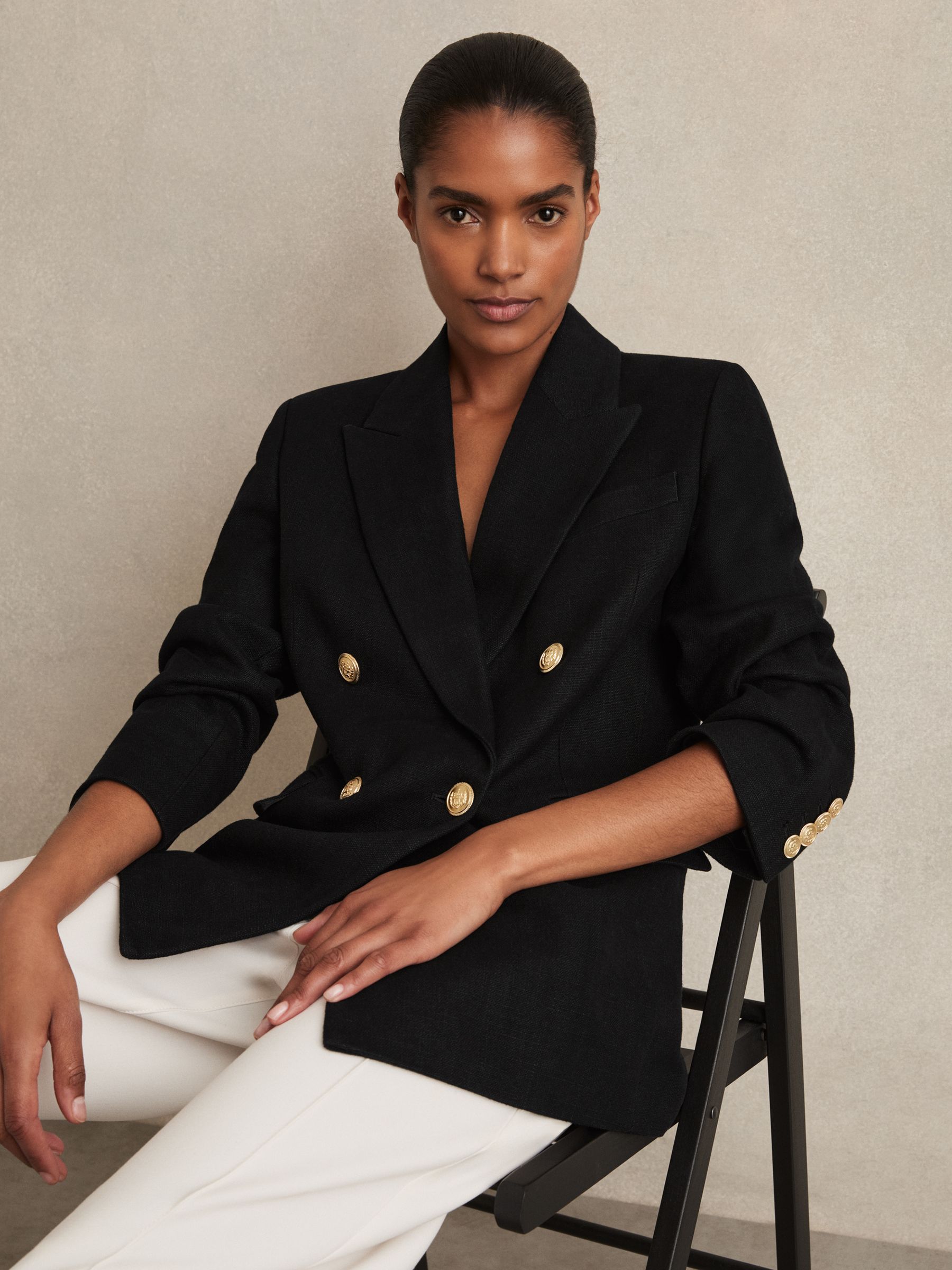 Oversized Double-Breasted Blazer Linen-Blend in Black