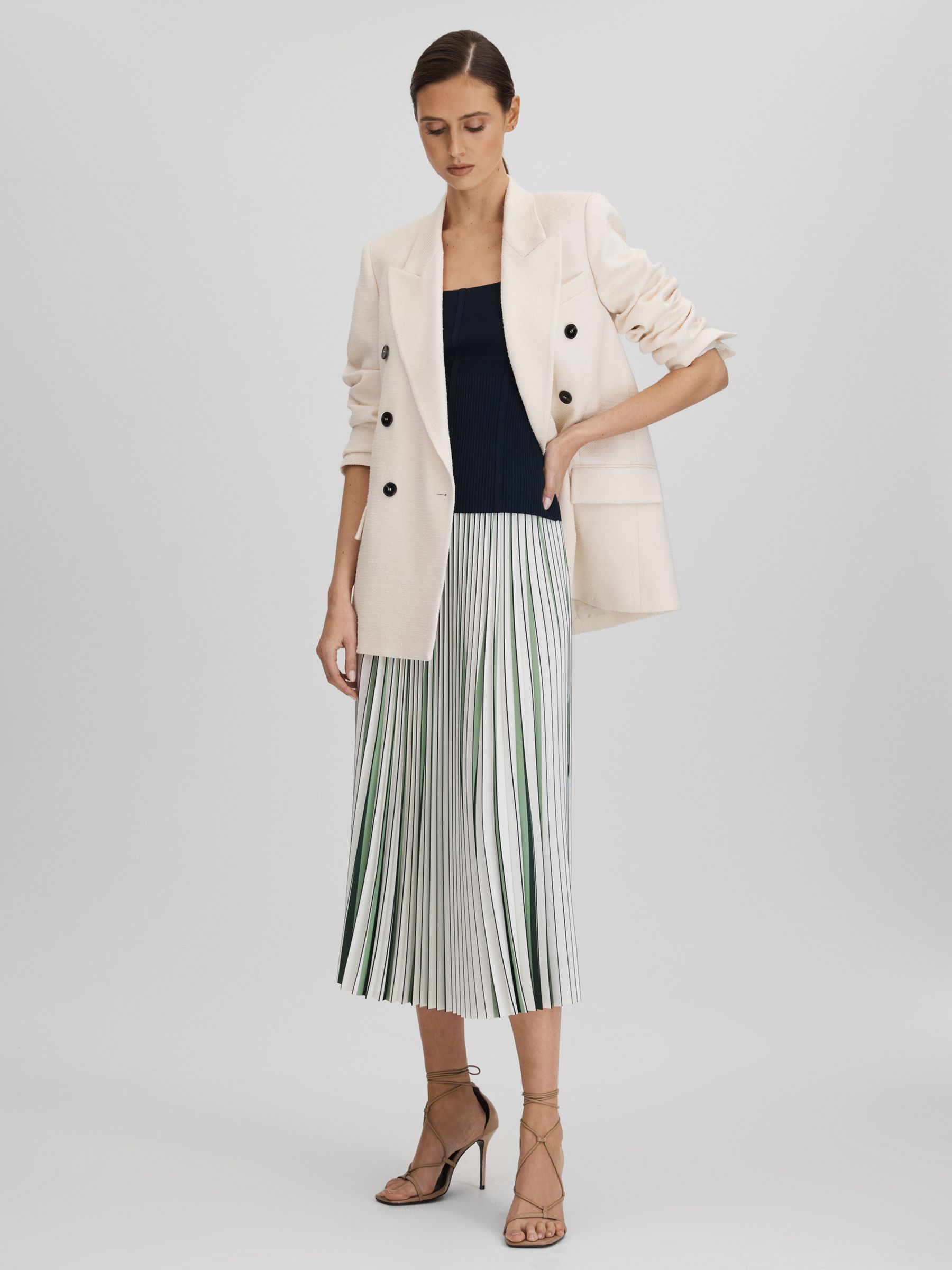 Pleated Striped Midi Skirt in Green/Cream