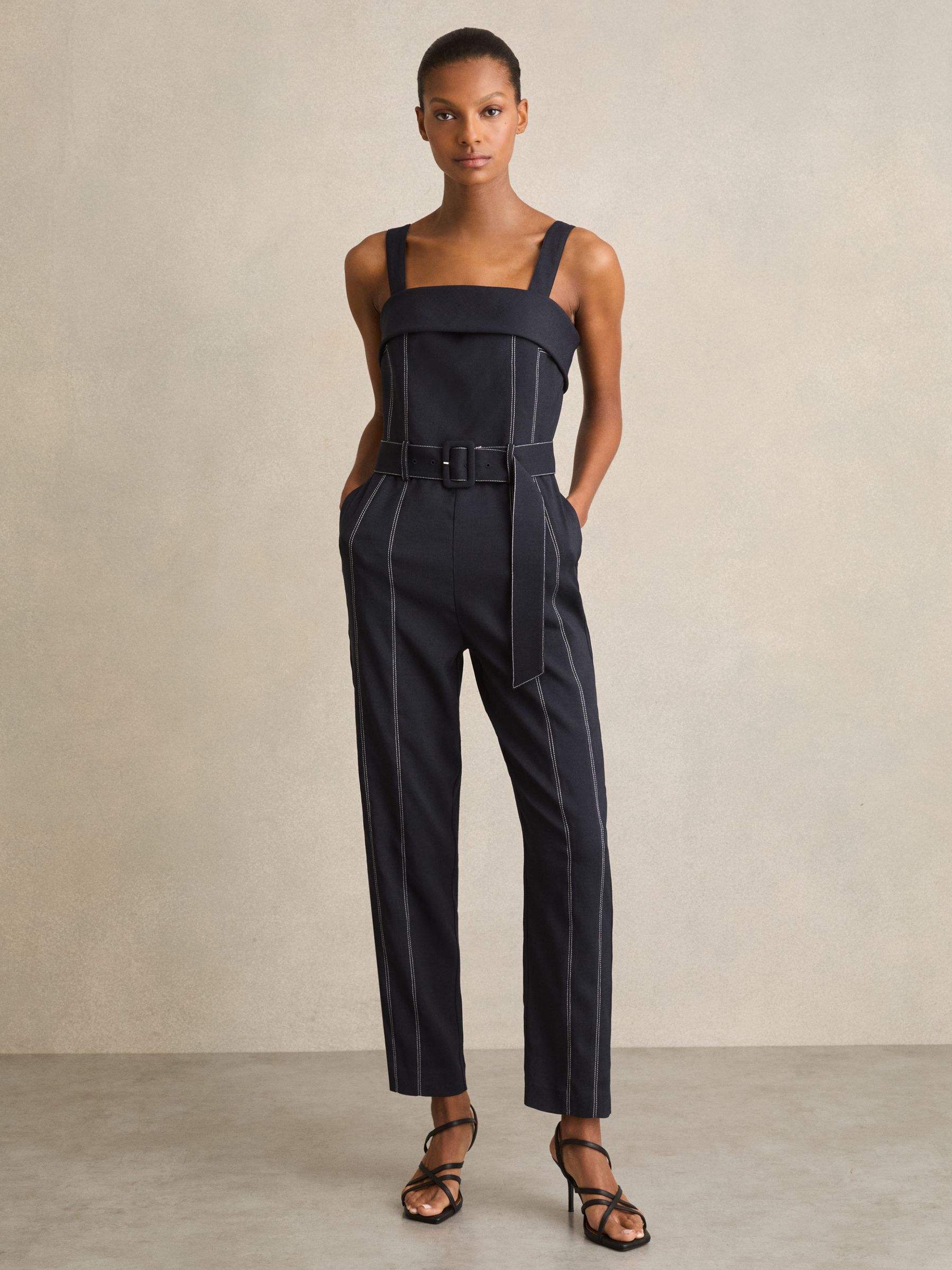 Contrast Stitch Structured Jumpsuit in Navy