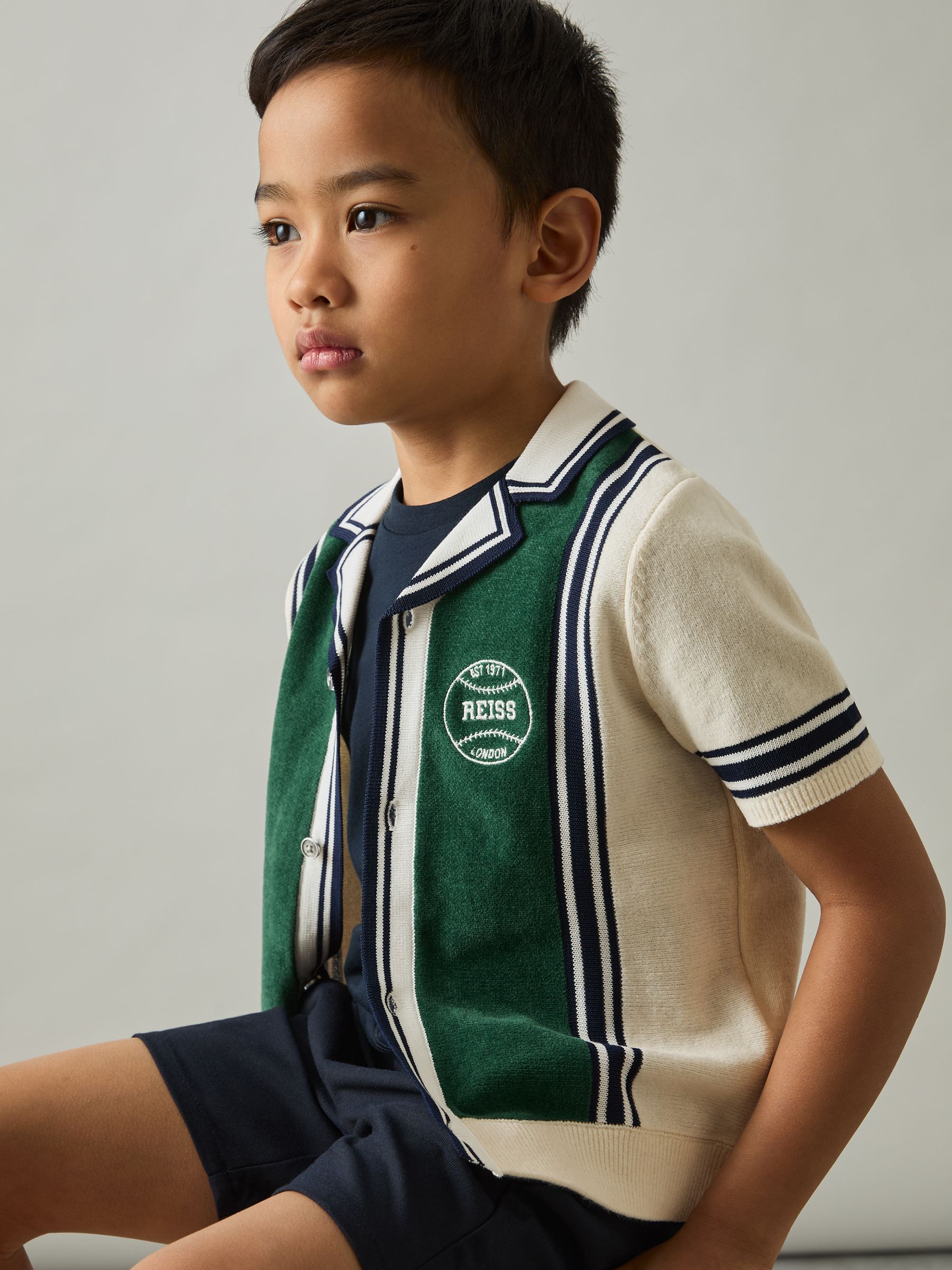 13-14 yrs Cotton Colour-Block Varsity Shirt in Green/Off White