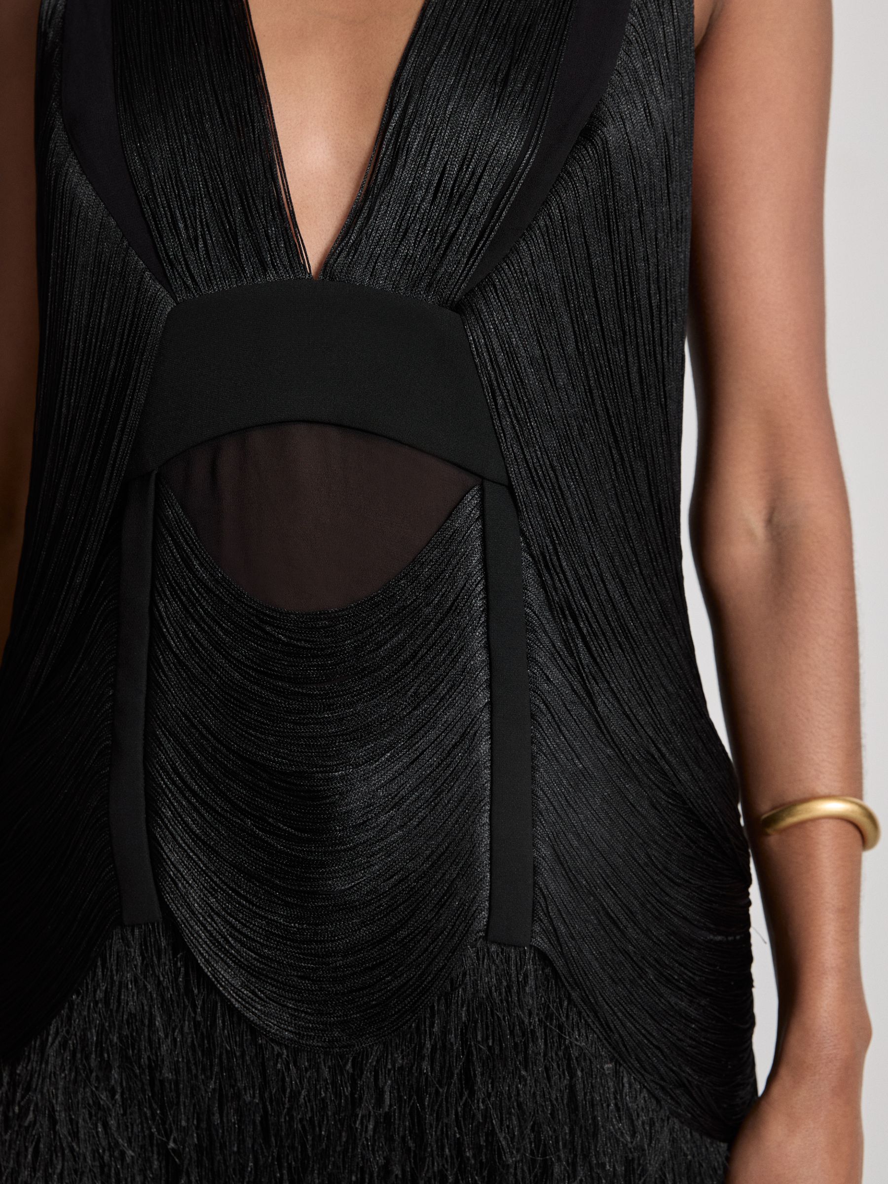 Atelier Draped Fringe Deep-V Top in Black