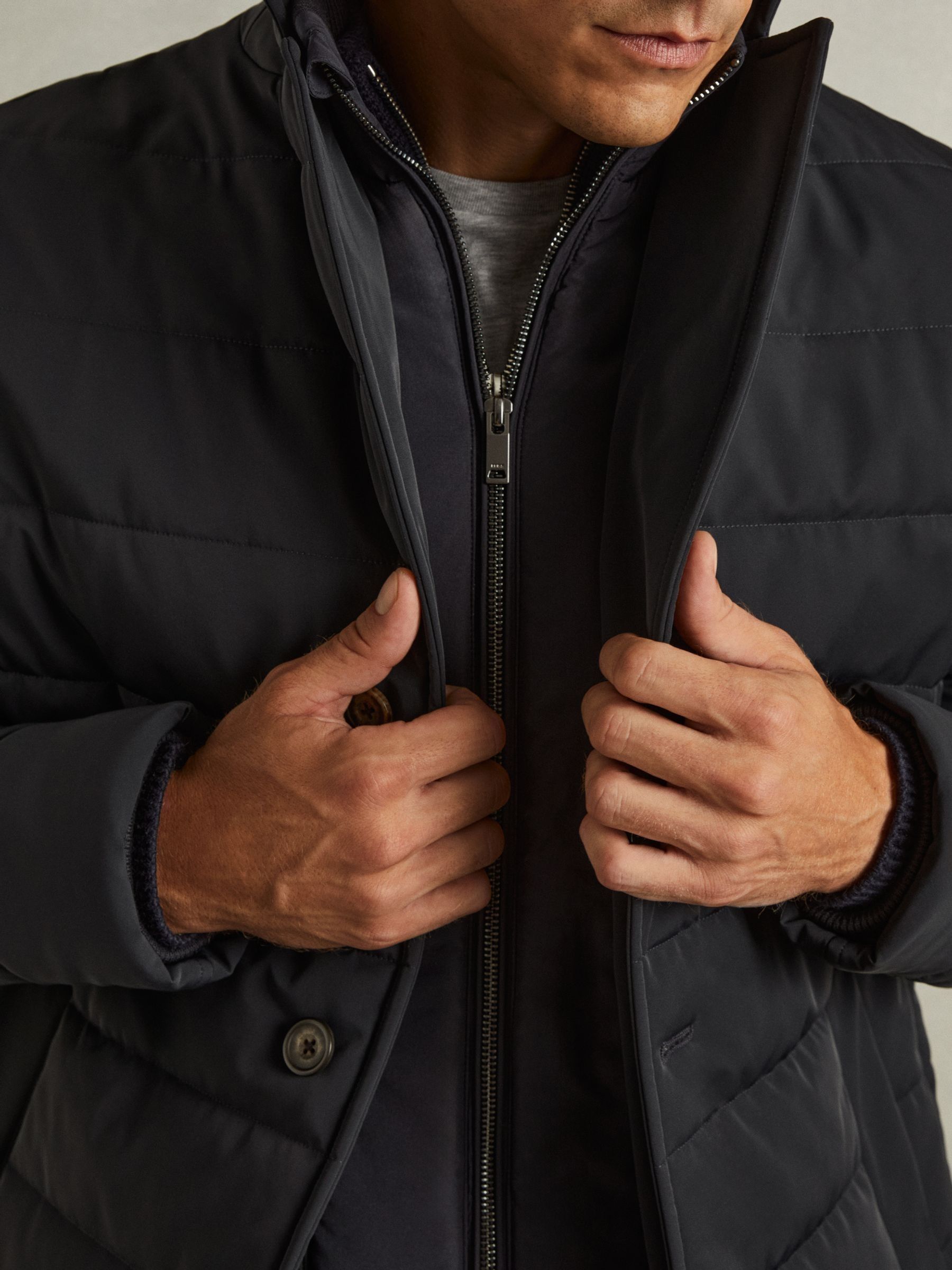 Longline Quilted-Shell Coat with Inner Gilet in Navy