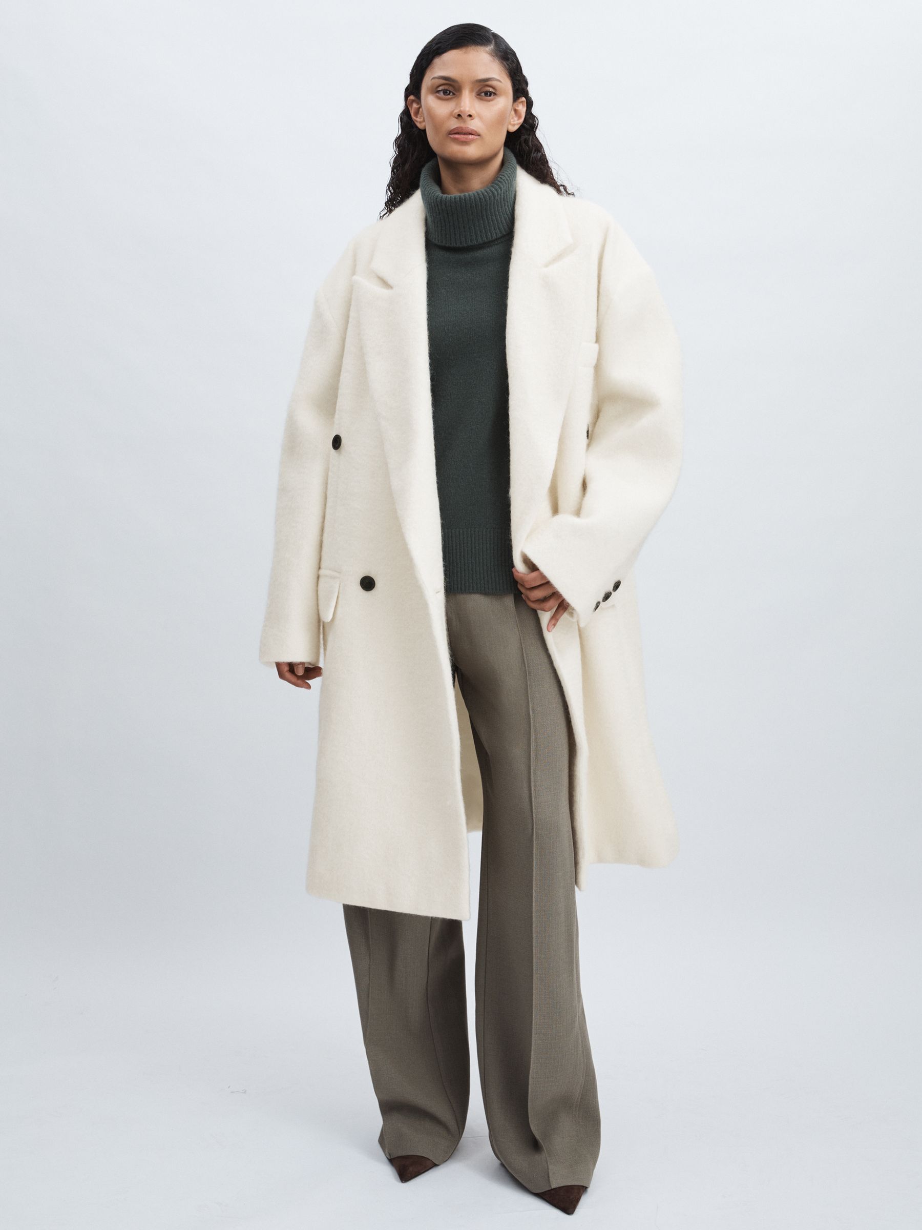Meotine Double-Breasted Coat With Mohair in Cream
