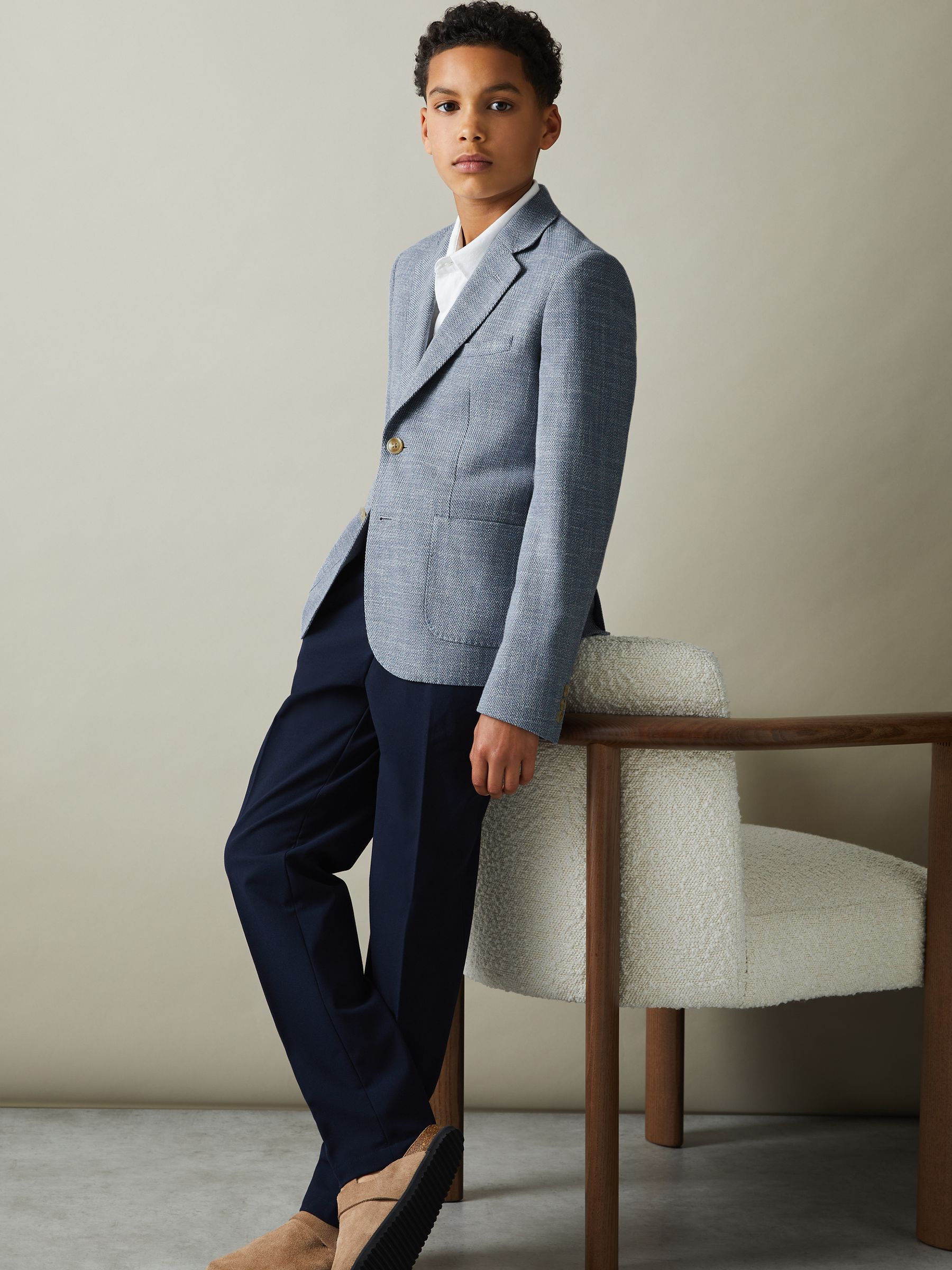 3-9 yrs Slub Check Single Breasted Blazer in Soft Blue