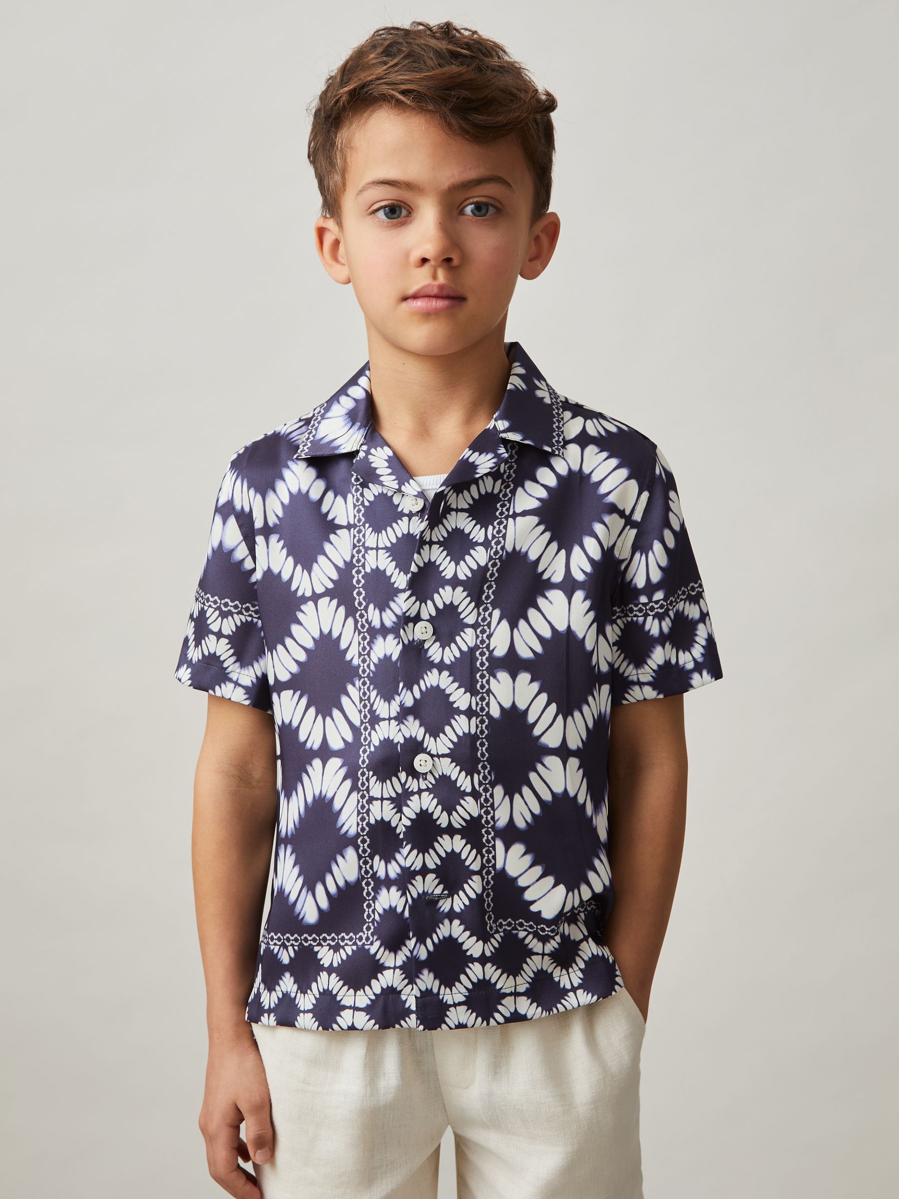 9-13 yrs Abstract Print Cuban Collar Shirt in Blue