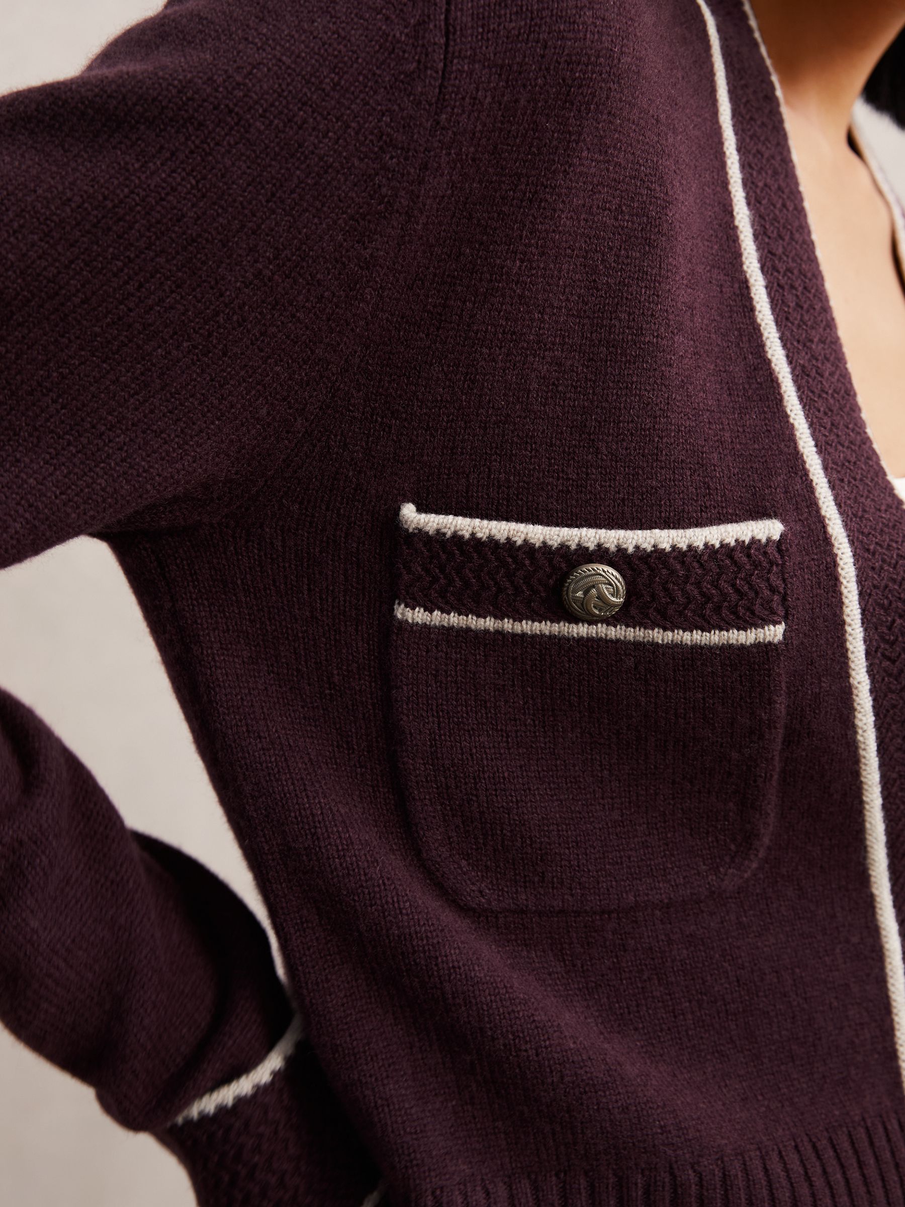 Wool-Cashmere Tipped V-Neck Cardigan in Burgundy/Neutral