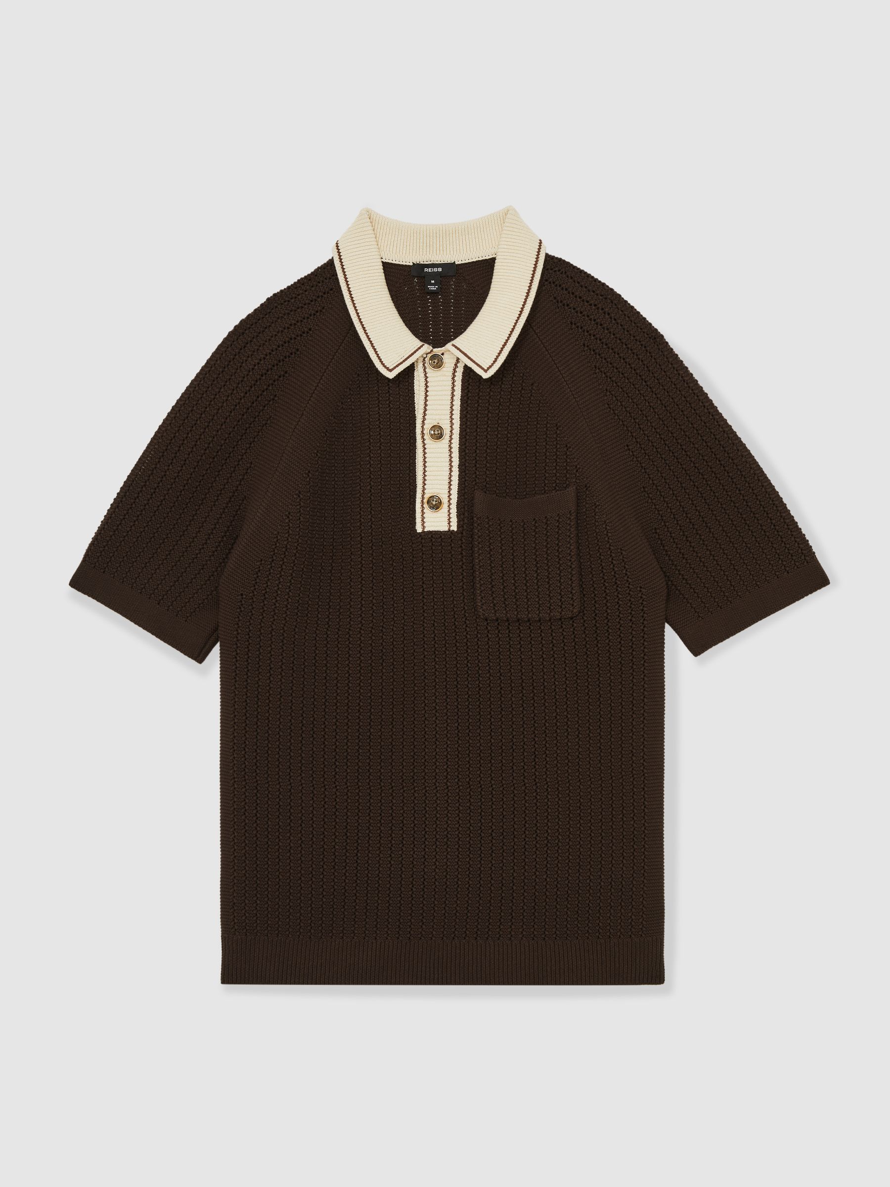 Cotton Textured Knit Contrast Polo Shirt in Dark Brown/Stone