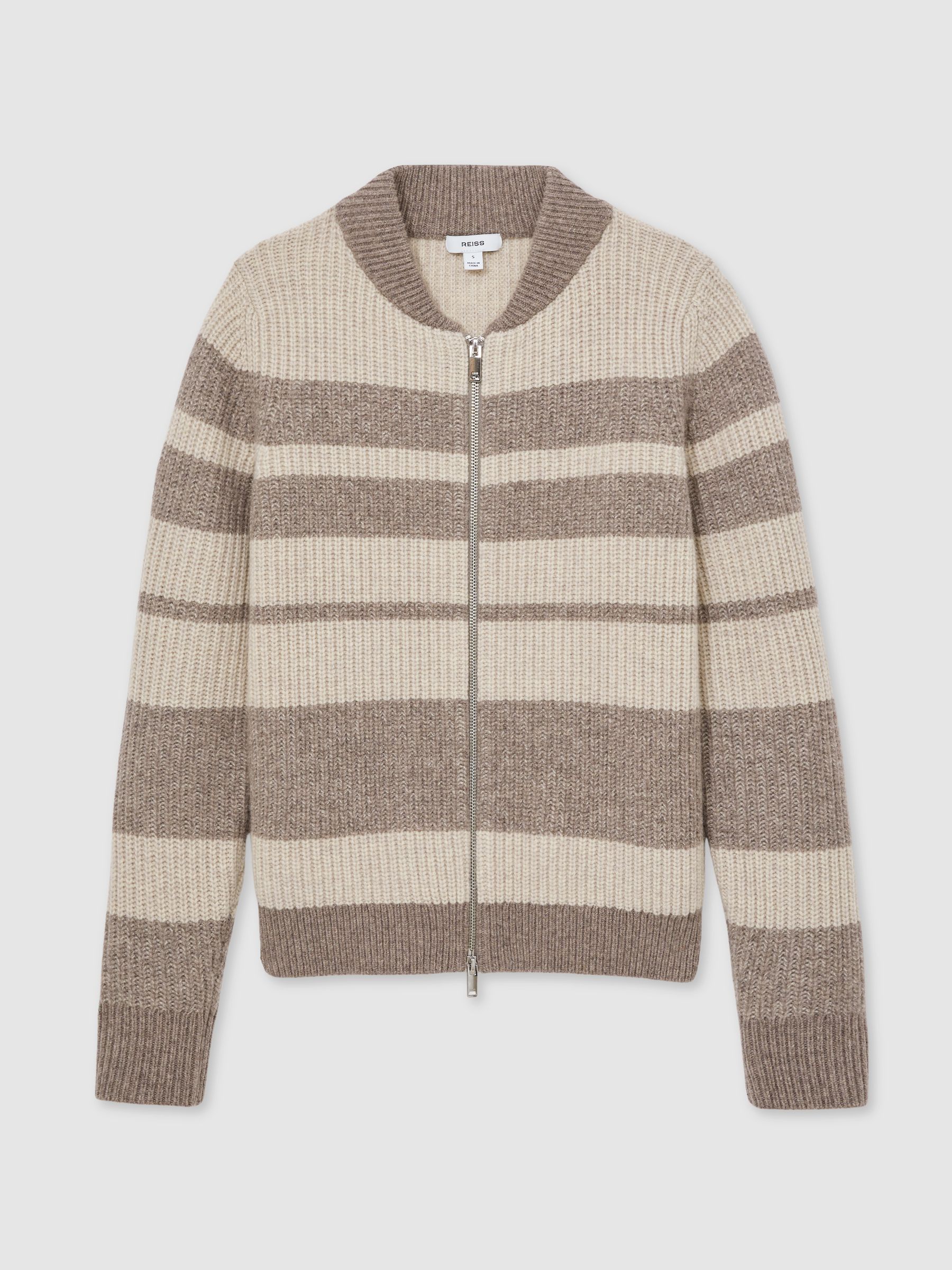 Wool Stripe Zip-Through Cardigan in Neutral/Brown