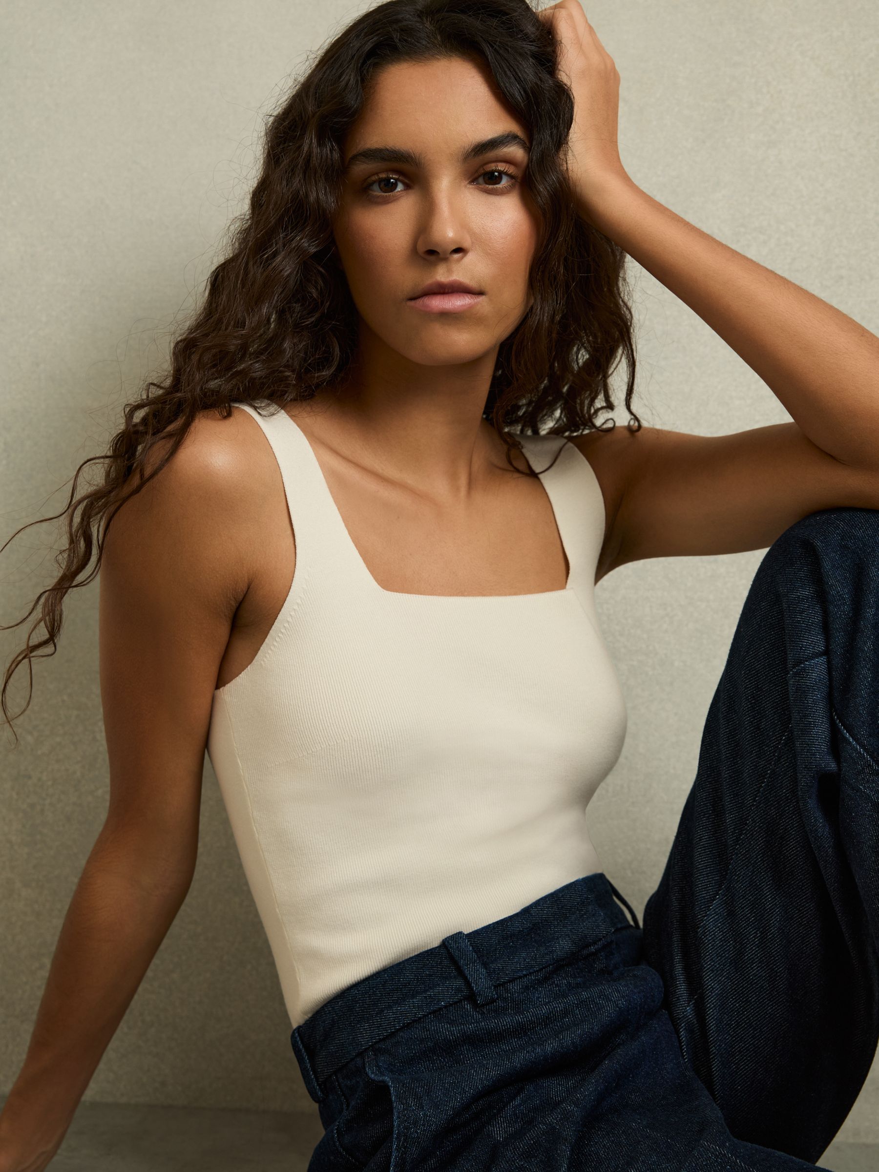 Knitted Square Neck Vest in Ivory