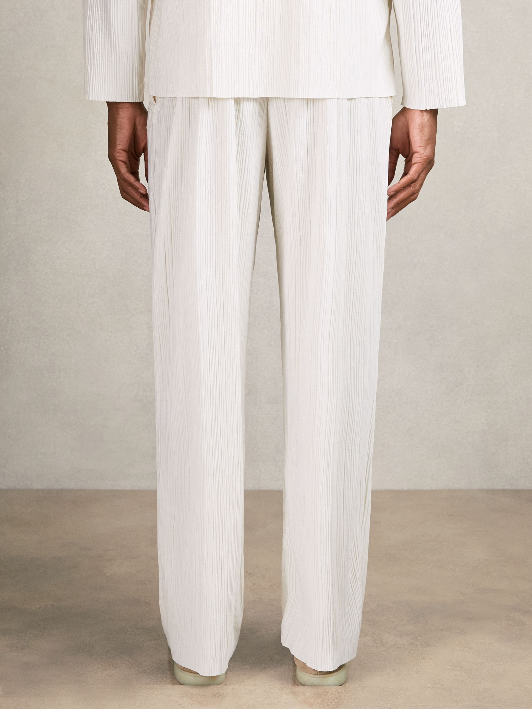 Wide Leg Plisse Trousers in Off White