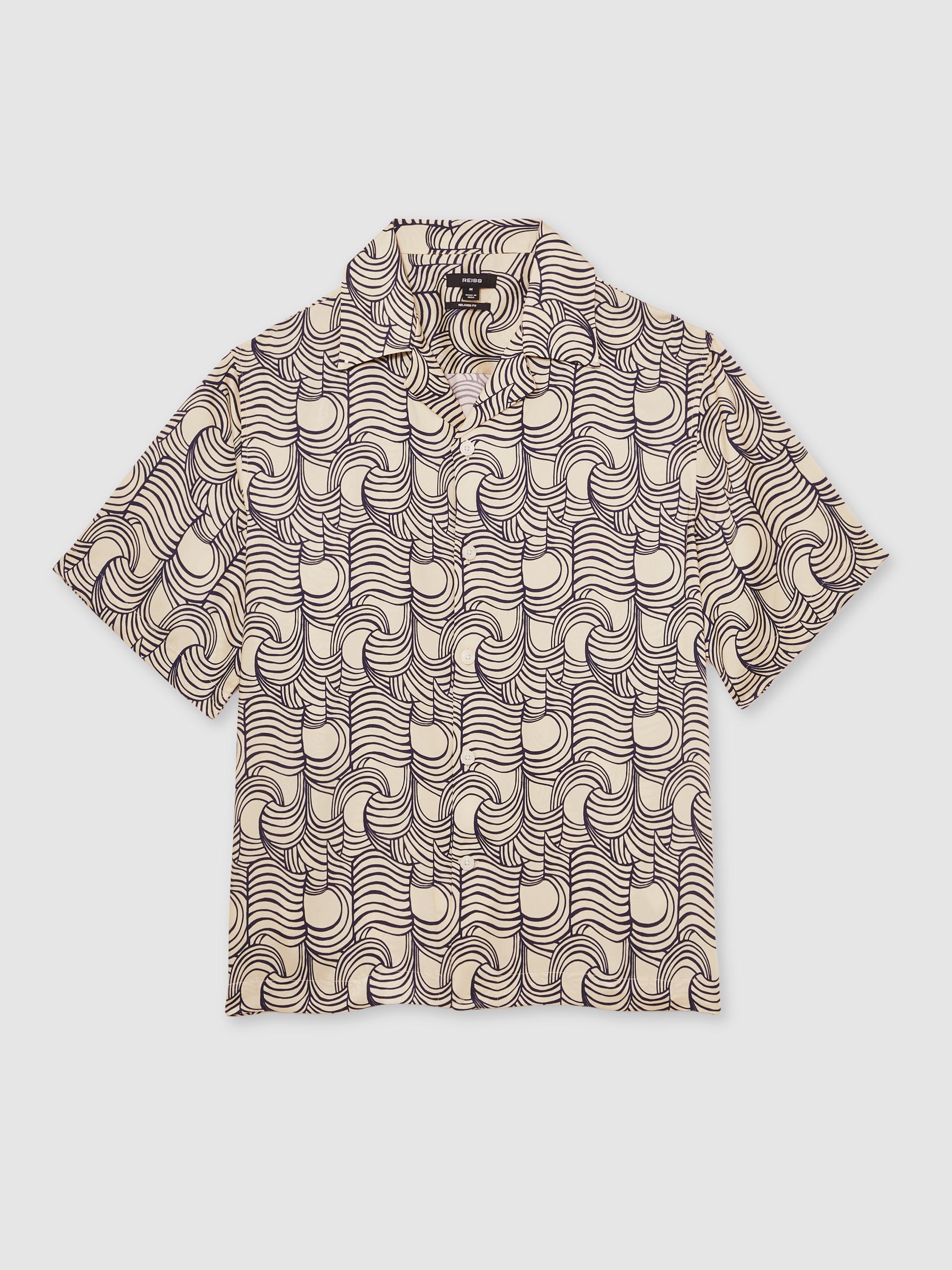 Wave Print Cuban Collar Shirt in Off White/Navy