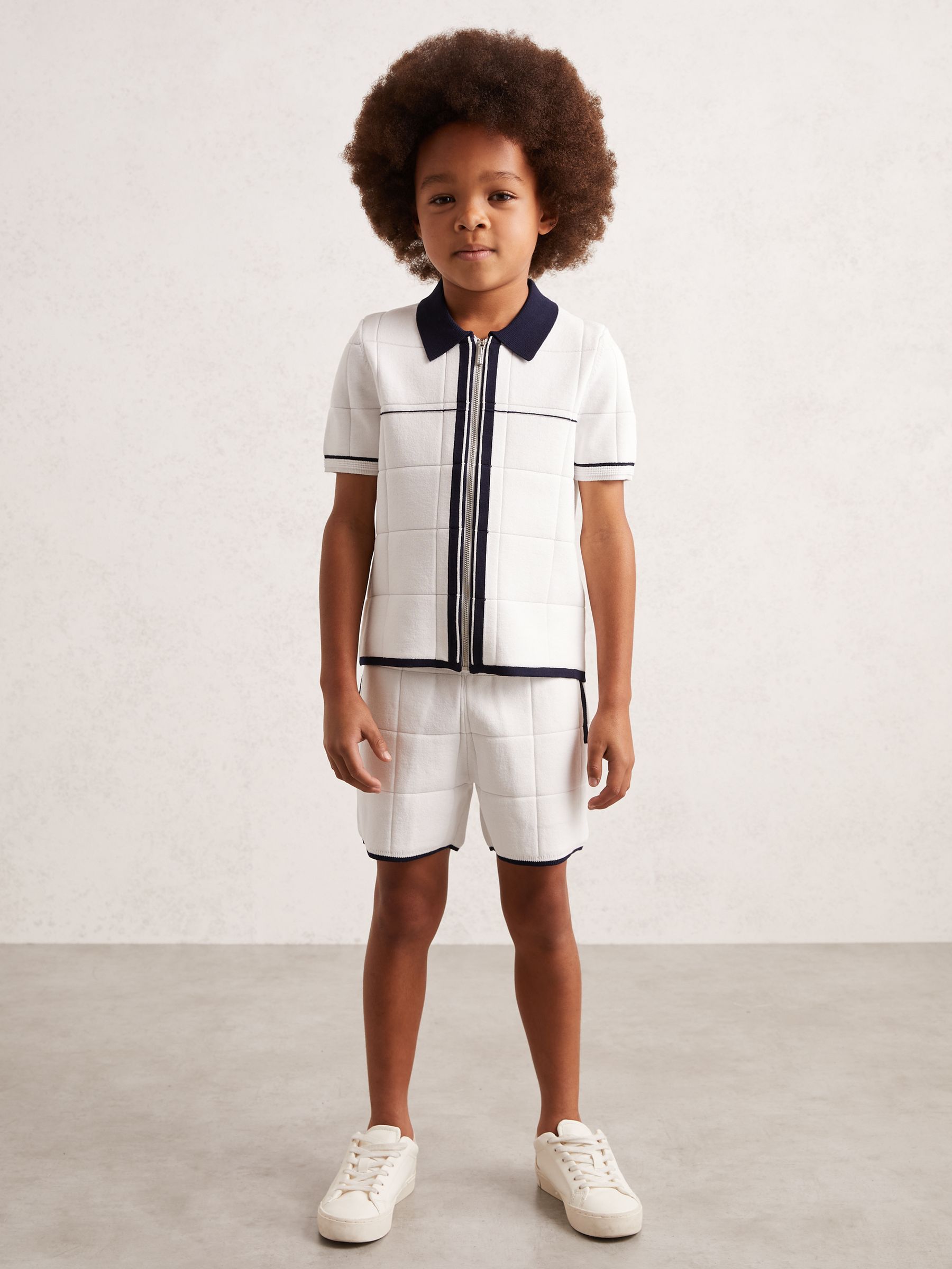 3-9 yrs Tipped Knit Zip-Through Shirt in White/Navy