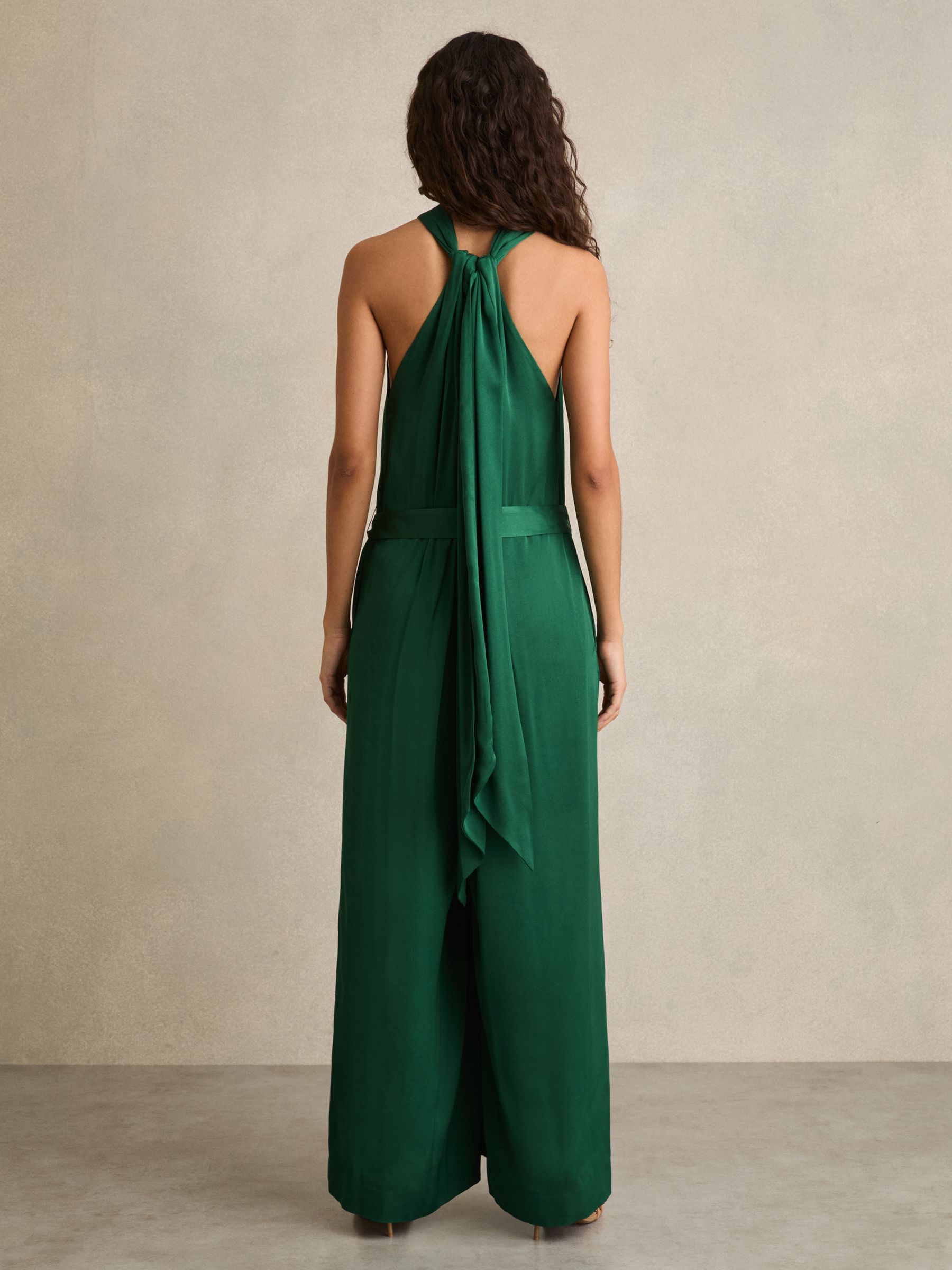 Satin Wide-Leg Draped Jumpsuit in Green