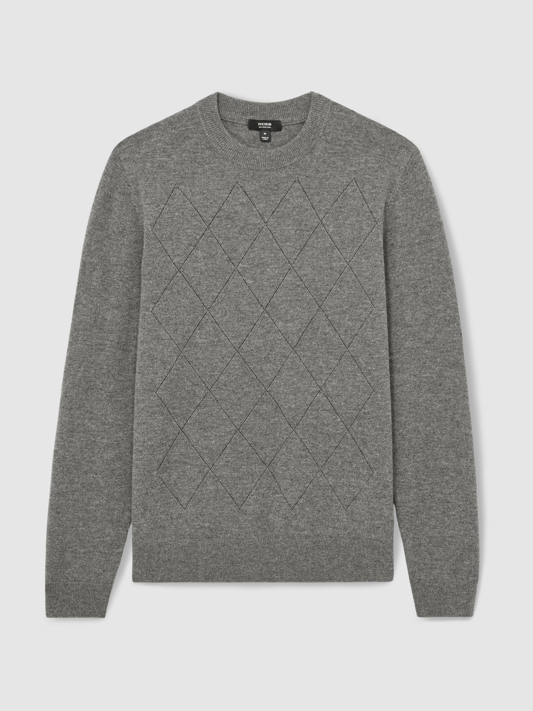 Wool Argyle Crew-Neck Jumper in Mid Grey Melange