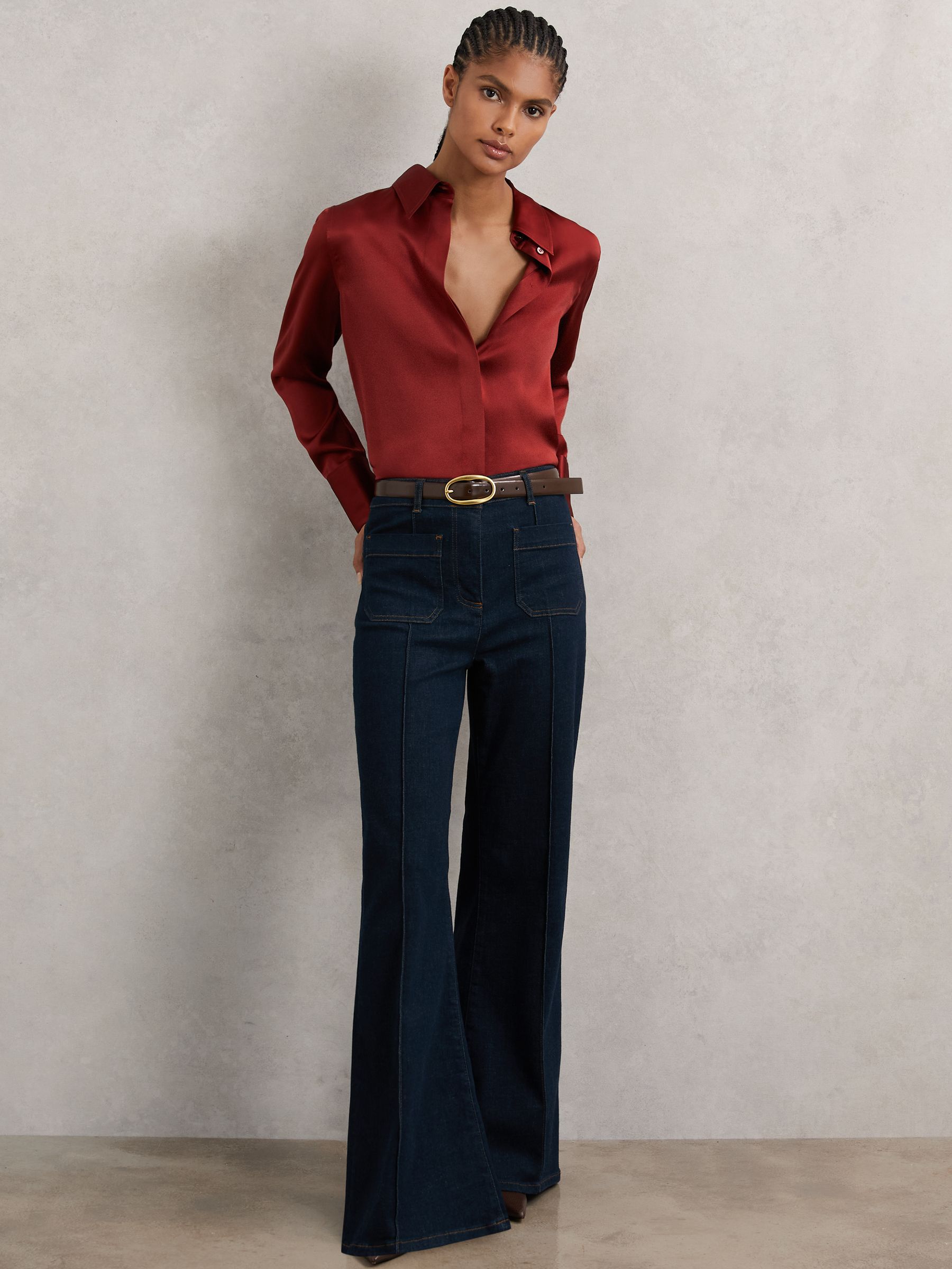 Silk-Satin Concealed-Placket Shirt in Dark Red