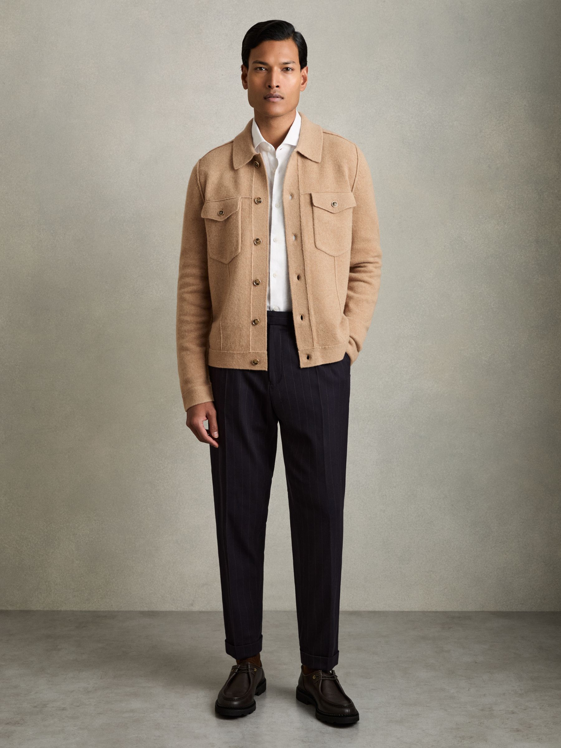 Wool Button Through Knitted Jacket in Camel Melange