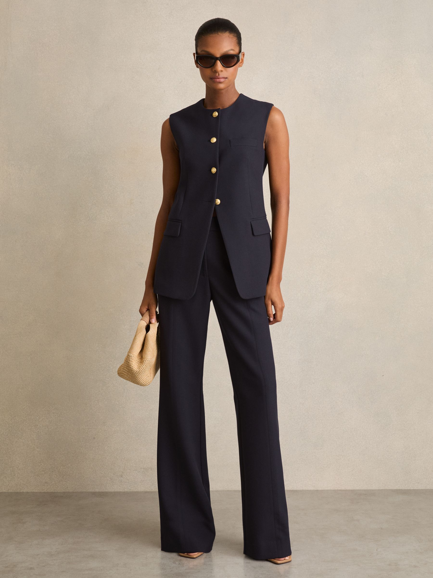 High-Neck Longline Waistcoat in Navy