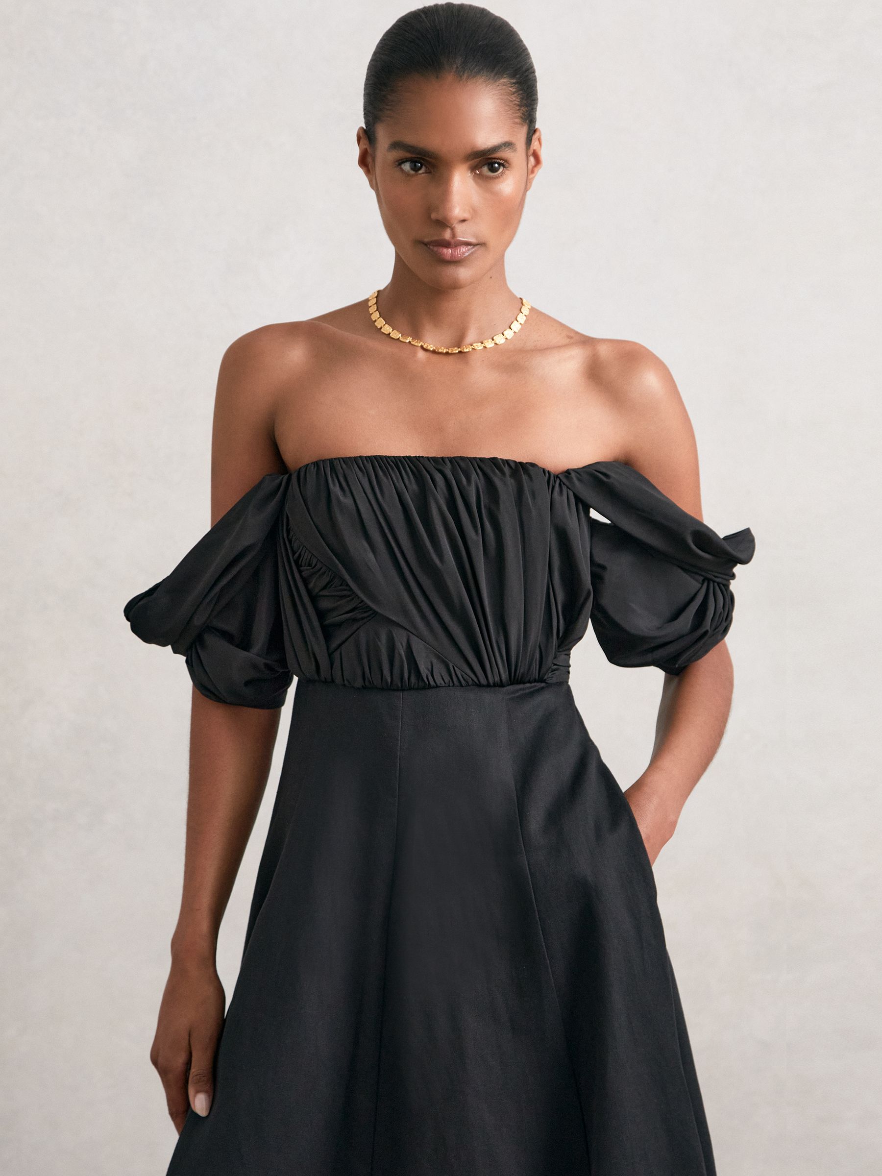 Bardot Sculpted Bodice Midi Dress With Linen in Black