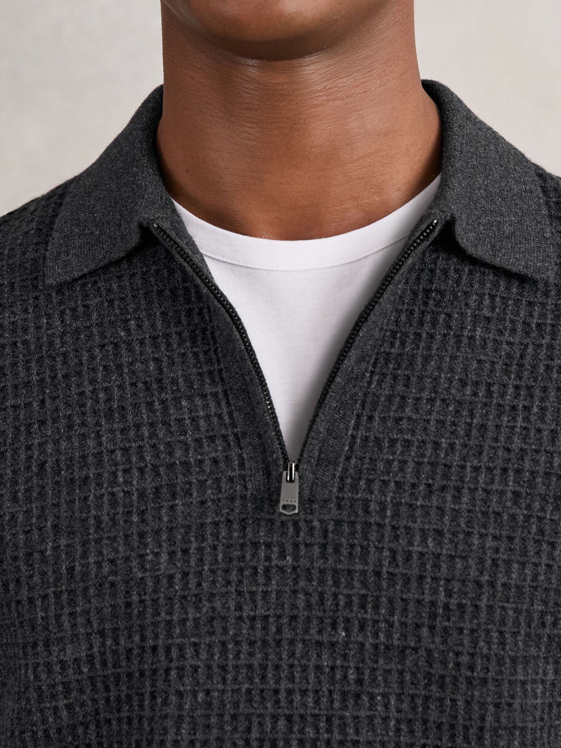 Wool Waffle-Knit Half-Zip Polo Shirt in Charcoal Grey