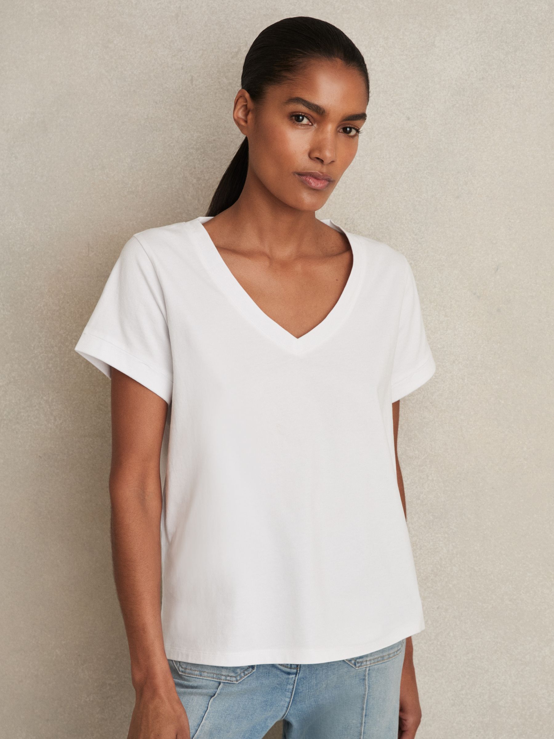 Brushed-Cotton V-Neck T-Shirt in White